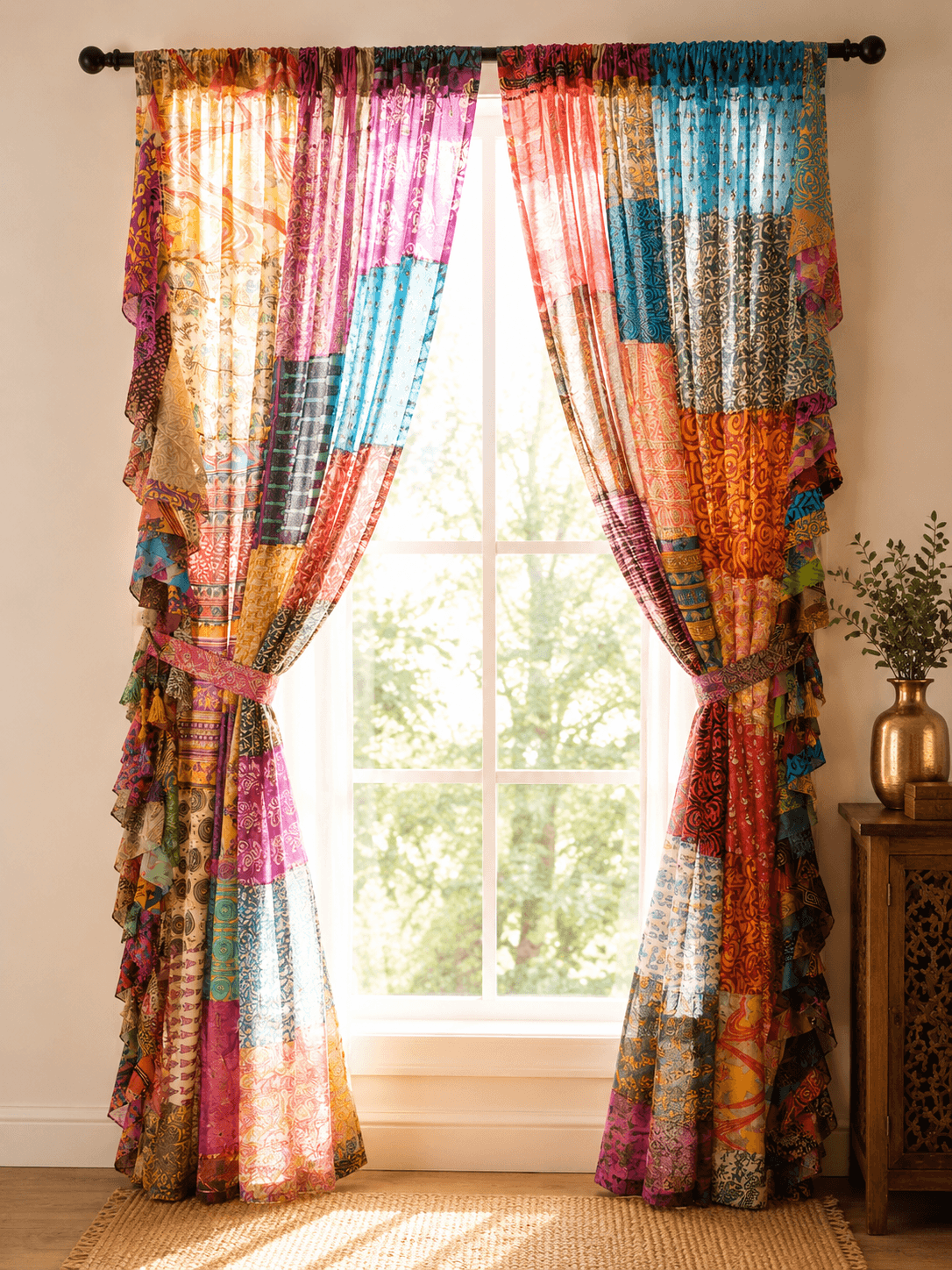 Multicolor boho sheer light filtering curtains in patchwork design, perfect for window treatment and room decor.