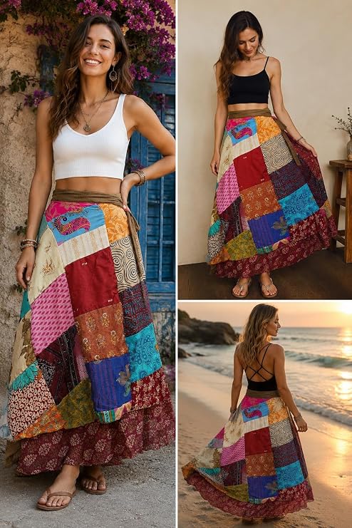 Vintage Silk Sari Recycled Patchwork Magic Wrap Around Skirt Reversible Dress
