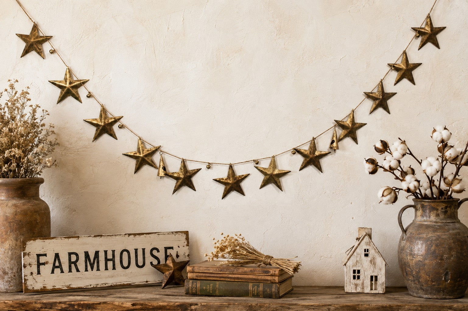 Rustic Iron Metal Stars Hanging Jute Garland Decoration Bohemian Home Décor Country Primitive Christmas Holiday Decoration