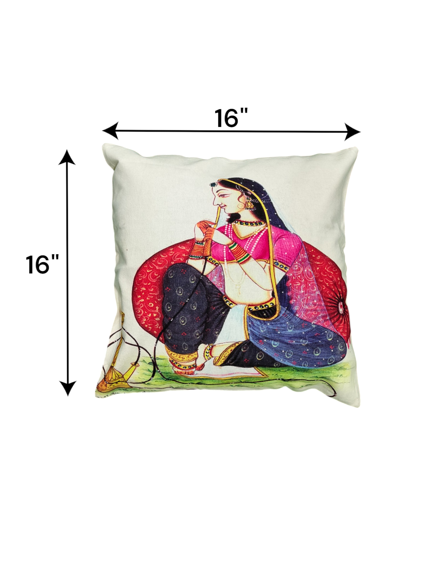 Traditional Rajasthani lady digital print cushion cover, 16x16 inches, colorful decorative throw pillow for sofa and bed.