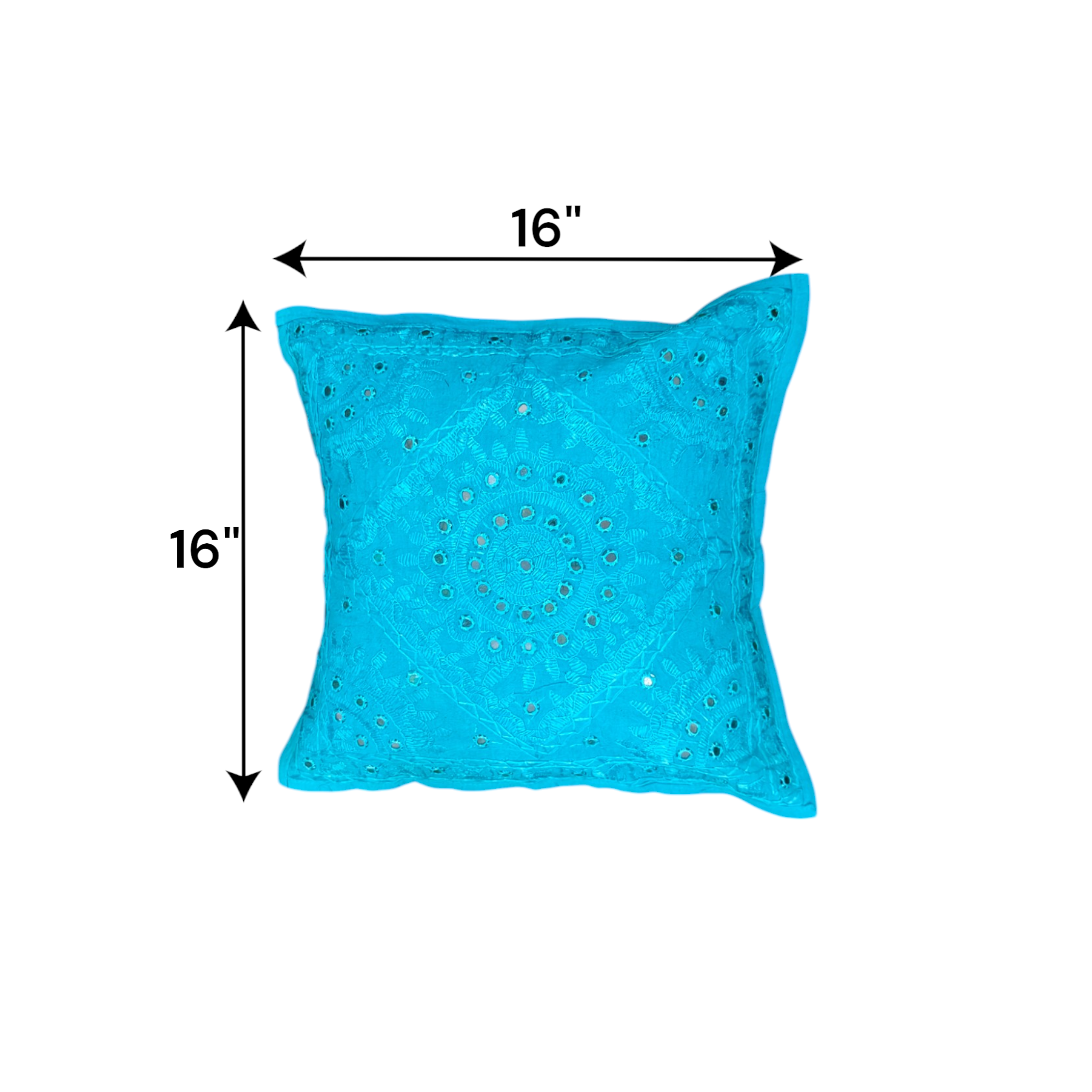 Turquoise blue decorative throw pillow with handcrafted mirror work, 16x16 inch for sofa and bed accent.