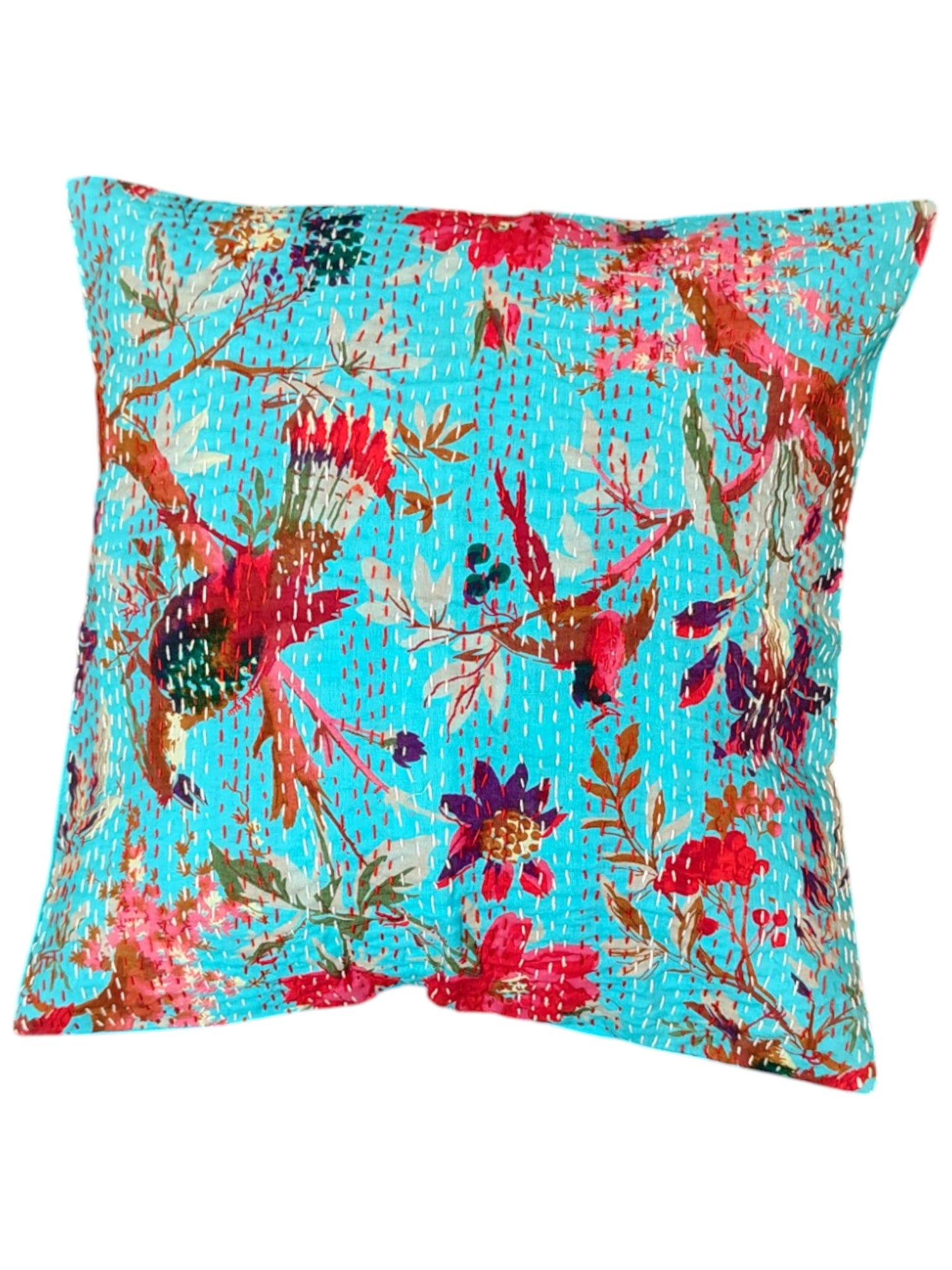 Turquoise floral Kantha cushion cover, vibrant multicolor design, perfect for decorative throw pillows on sofa or bed.