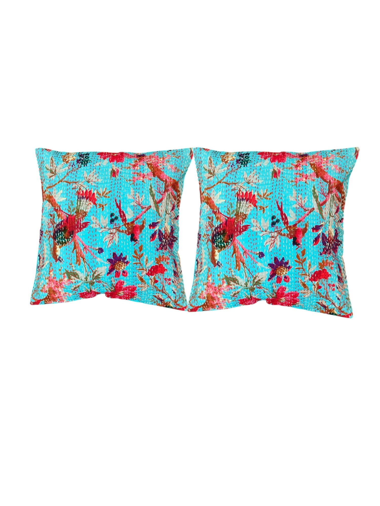 Set of 2 Turquoise Floral Kantha Cushion Covers, 16x16 inches, perfect for sofa or bed decor.