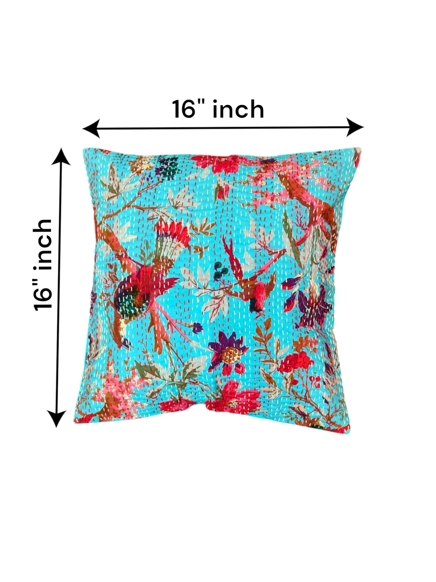 Turquoise floral Kantha cushion cover, 16x16 inch, handmade decorative pillow with vibrant patterns.
