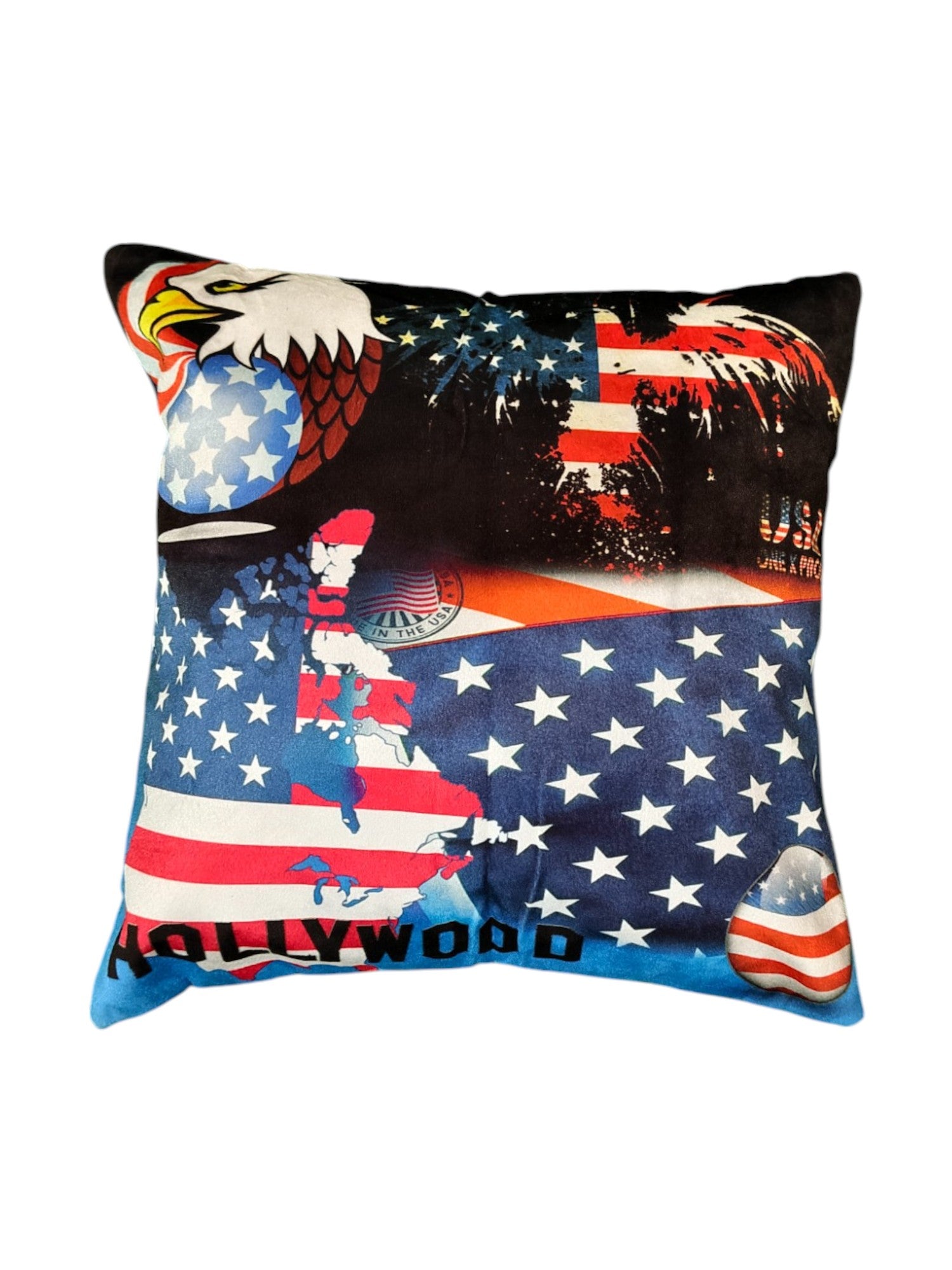 USA flag print cushion cover featuring American symbols in vibrant colors, perfect for decorative throw pillows.