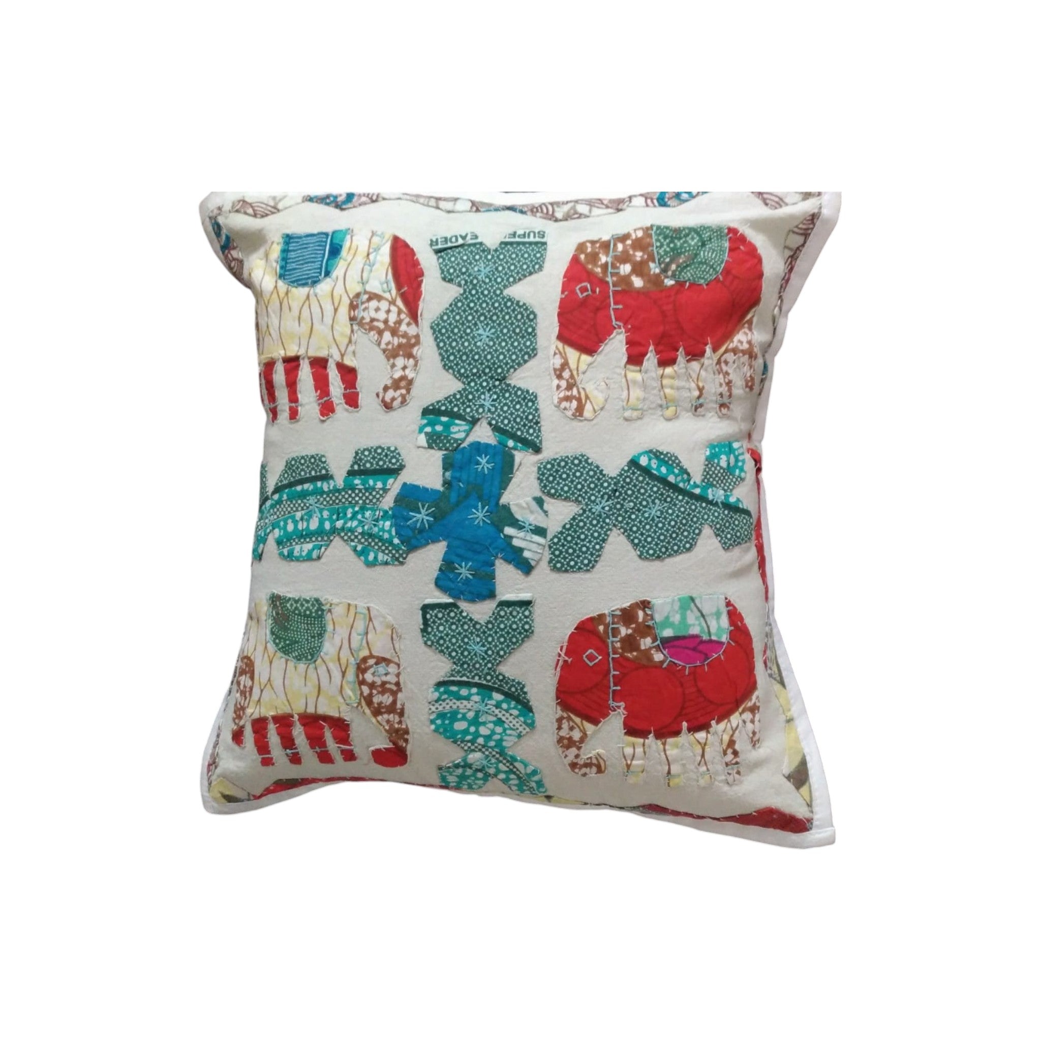 Vibrant elephant decorative throw pillow cover, handmade, multicolor design, 16x16 inches, perfect for sofa or bed.