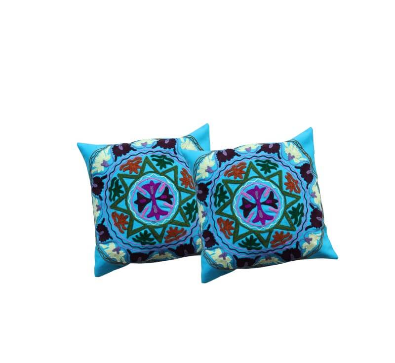 Peacock Floral Cushion Covers Set of 2 | 16x16 Inches with colorful floral and geometric designs on soft-touch fabric.