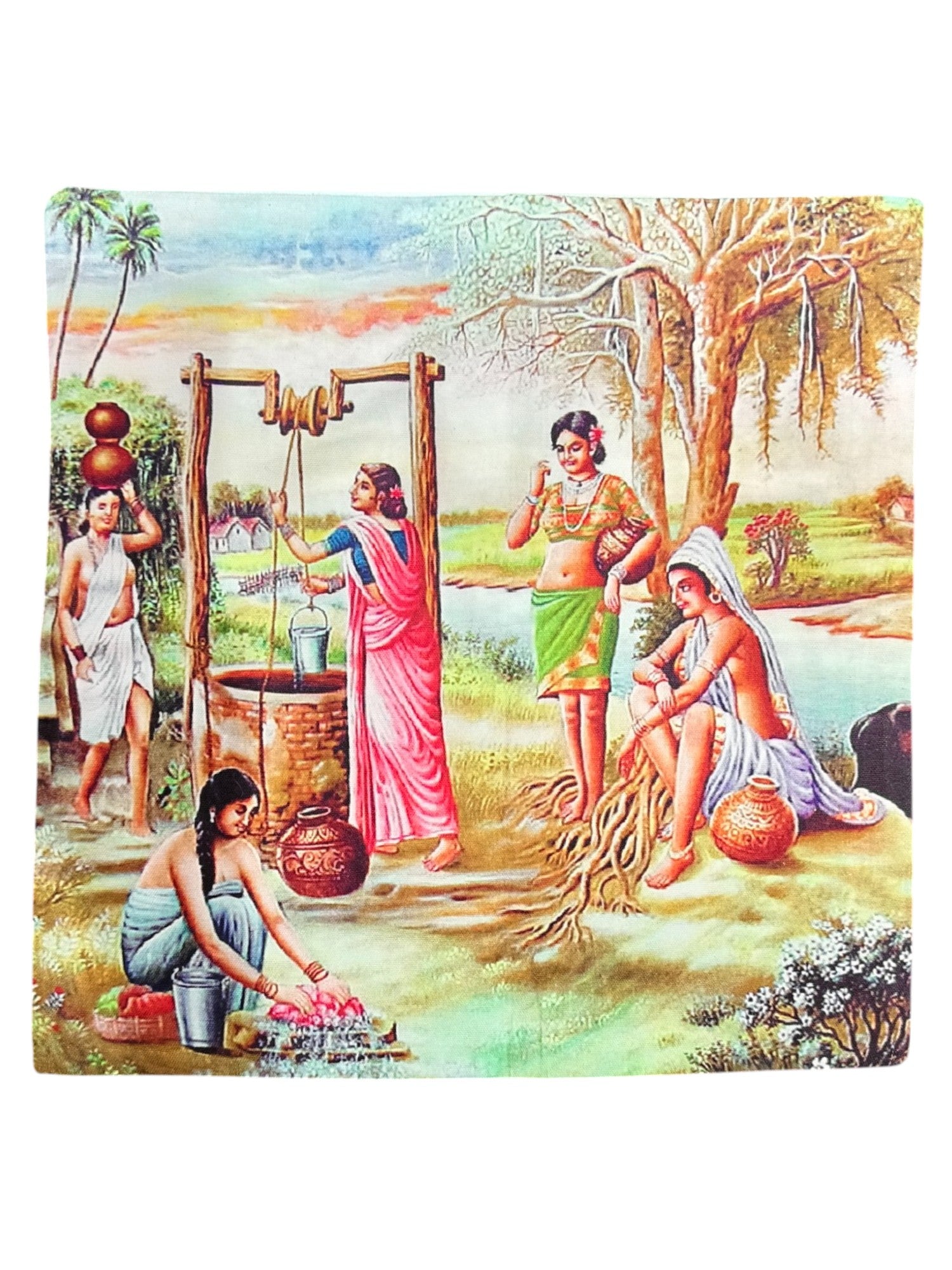 Vibrant digital print cushion cover featuring an Indian village scene with traditional rural life elements.