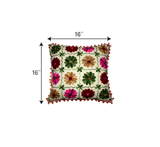 Vibrant 16x16 multicolor Indian patchwork cushion cover with floral design and pompom trim, perfect for decor.