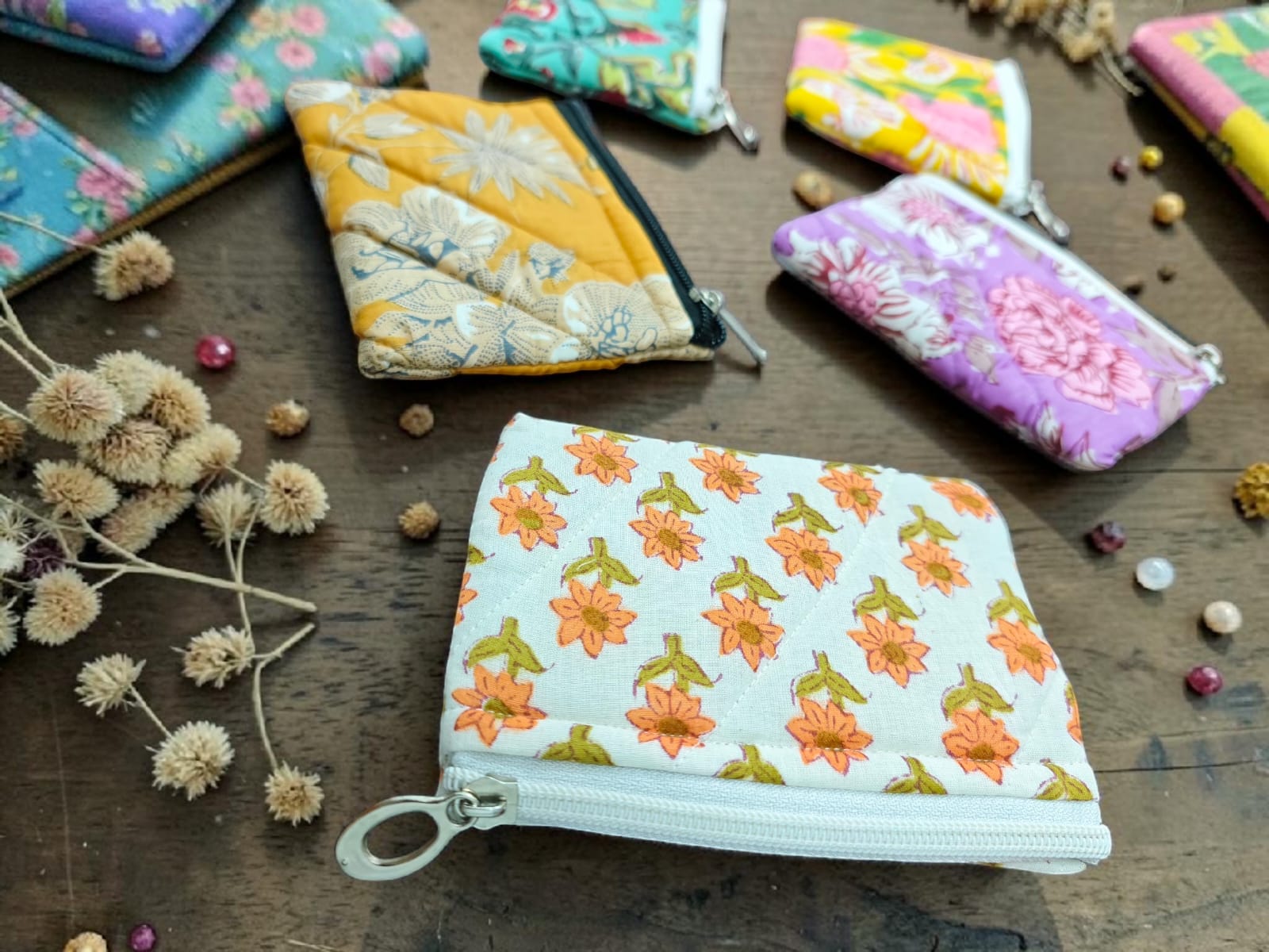 Mini Quilted Zip Pouch for Coins, Credit Cards, Cash, Keys & Jewellery, Handmade Block Print Wallet, Travel Organizer for Women