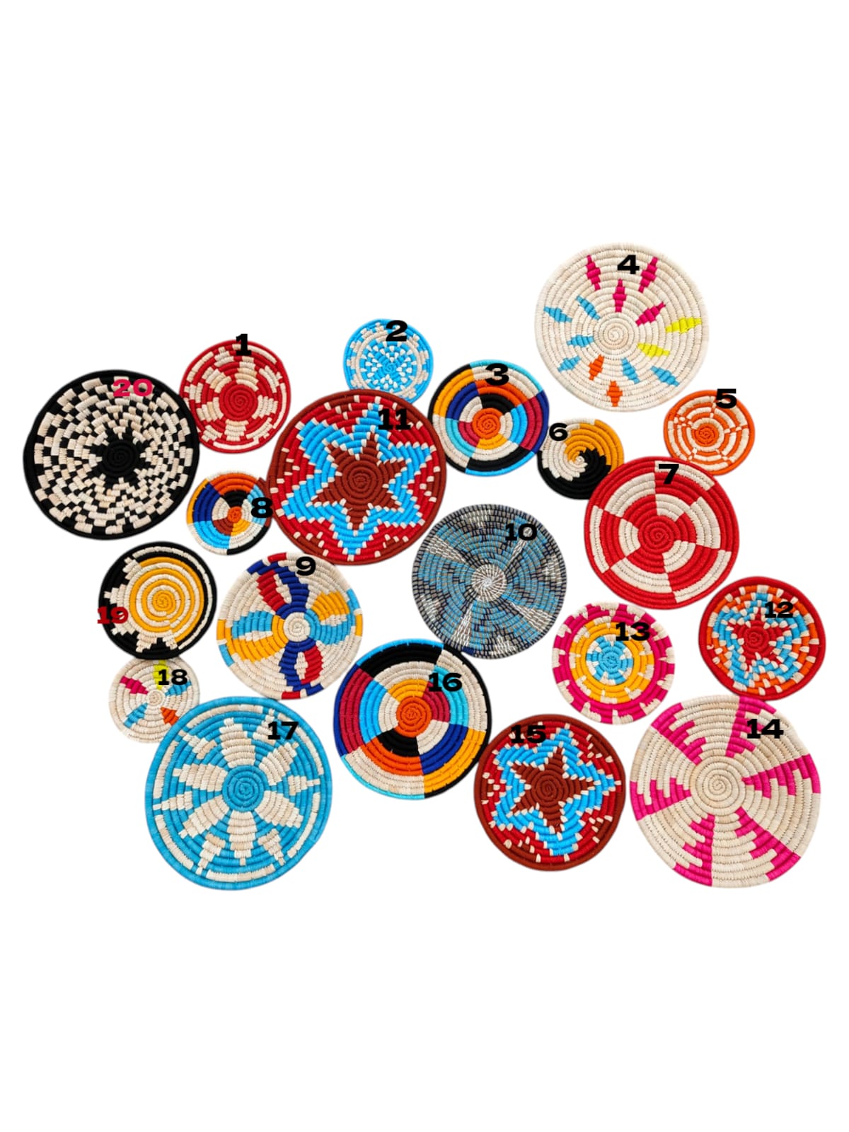 Sabai Grass Handwoven Rattan Wall Baskets Multicolor Bohemian Theme Wall Art Décor Bamboo Wall Baskets set of 20 Pieces