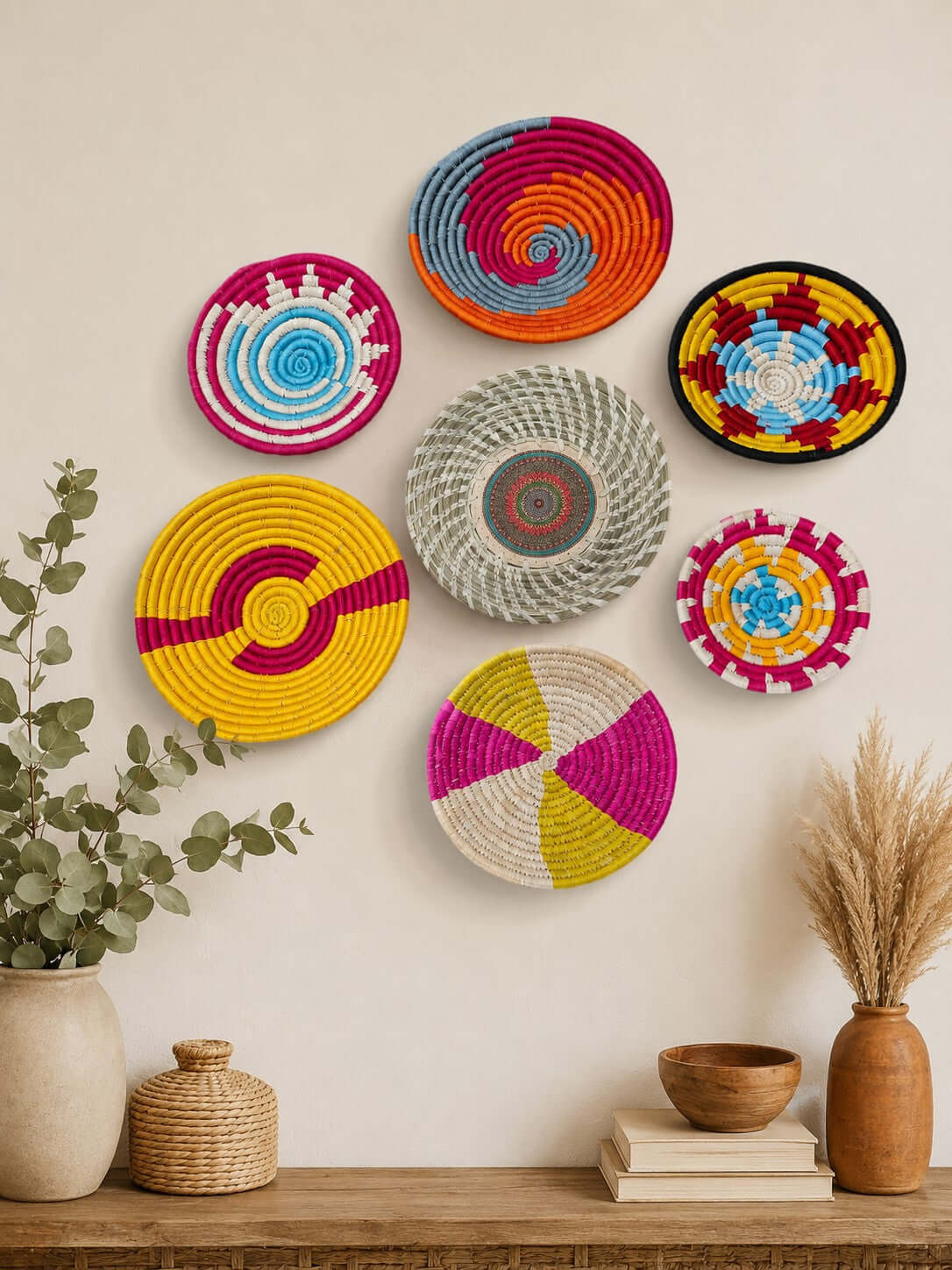 Sabai Grass Handwoven Rattan Wall Baskets Multicolor Bohemian Theme Wall Art Décor Bamboo Wall Baskets set of 7 Pieces (Copy)