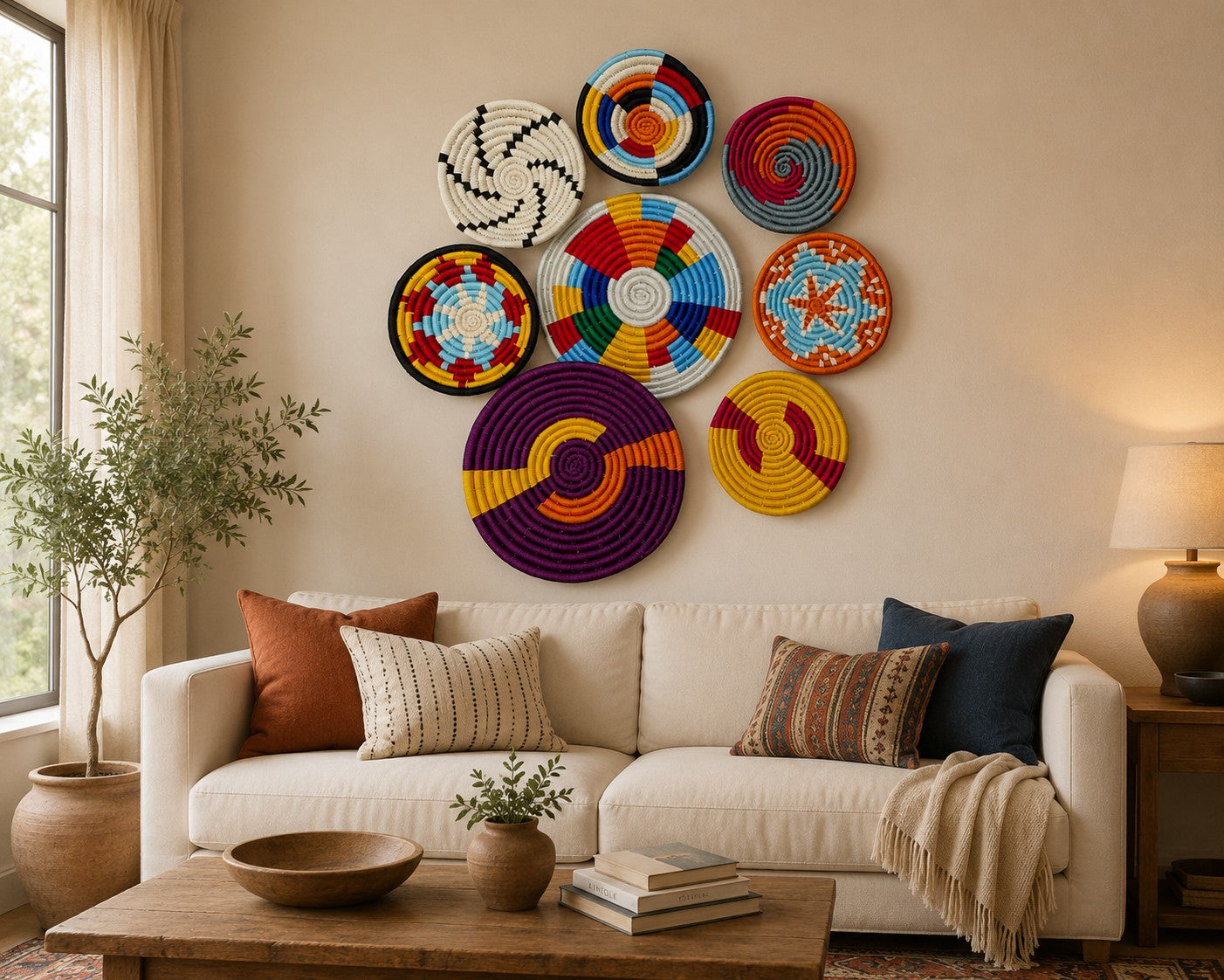 Sabai Grass Handwoven Rattan Wall Baskets Multicolor Bohemian Theme Wall Art Décor Bamboo Wall Baskets set of 7 Pieces (Copy) (Copy)