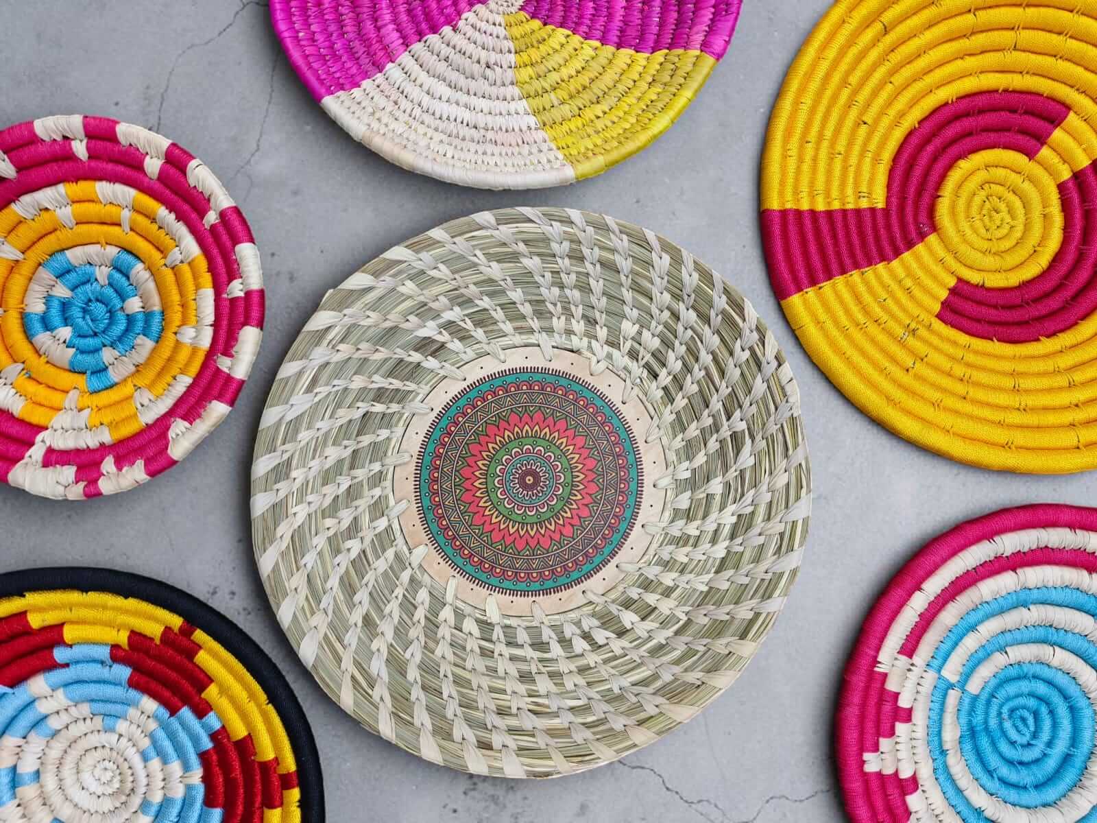 Sabai Grass Handwoven Rattan Wall Baskets Multicolor Bohemian Theme Wall Art Décor Bamboo Wall Baskets set of 7 Pieces (Copy)