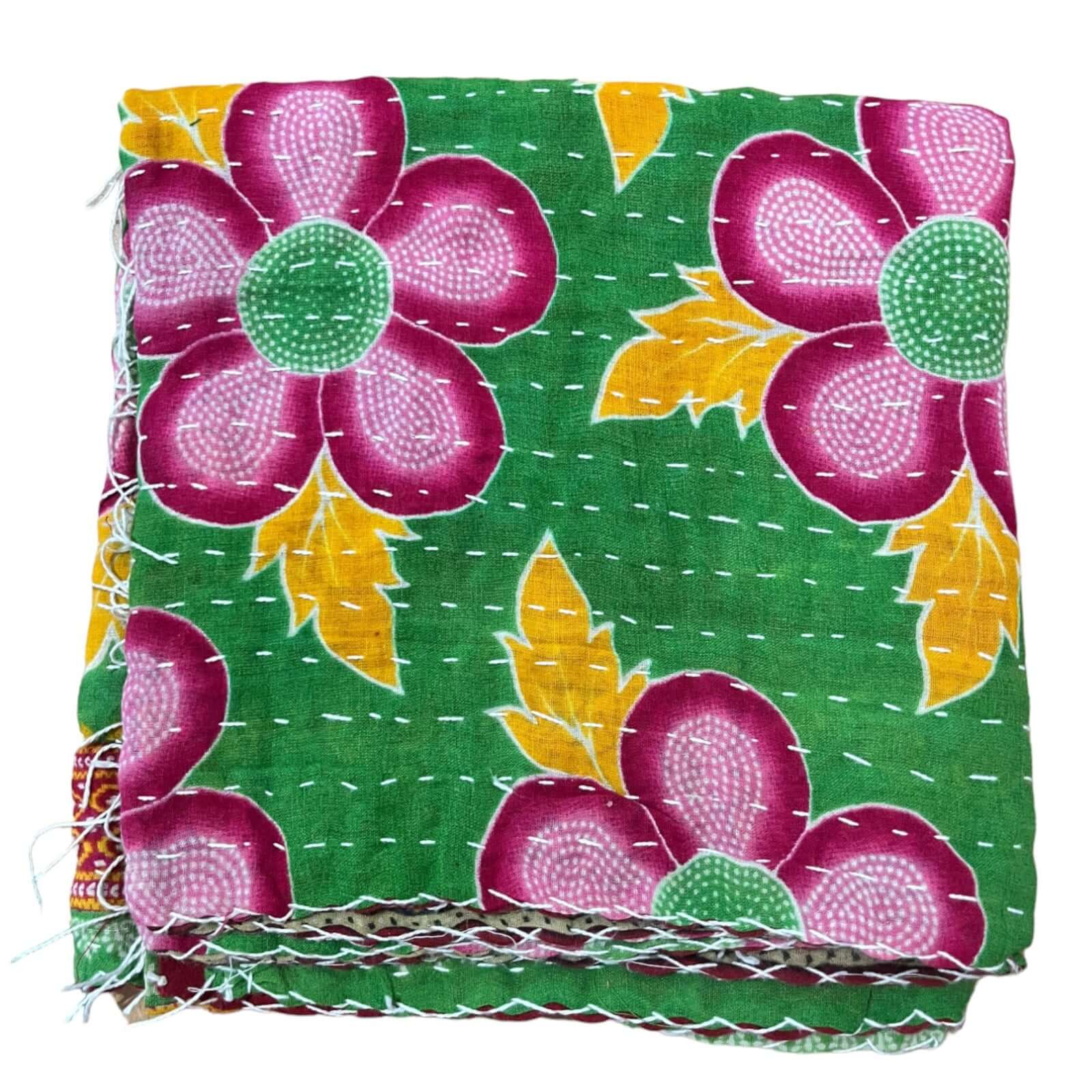 Vintage Kantha cotton scarf in vibrant green with floral pattern, handmade and reversible, perfect for all seasons.