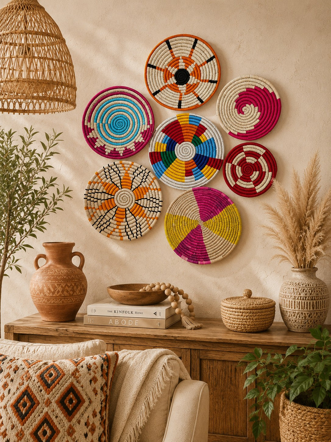 Sabai Grass Handwoven Rattan Wall Baskets Multicolor Bohemian Theme Wall Art Décor Bamboo Wall Baskets set of 20 Pieces