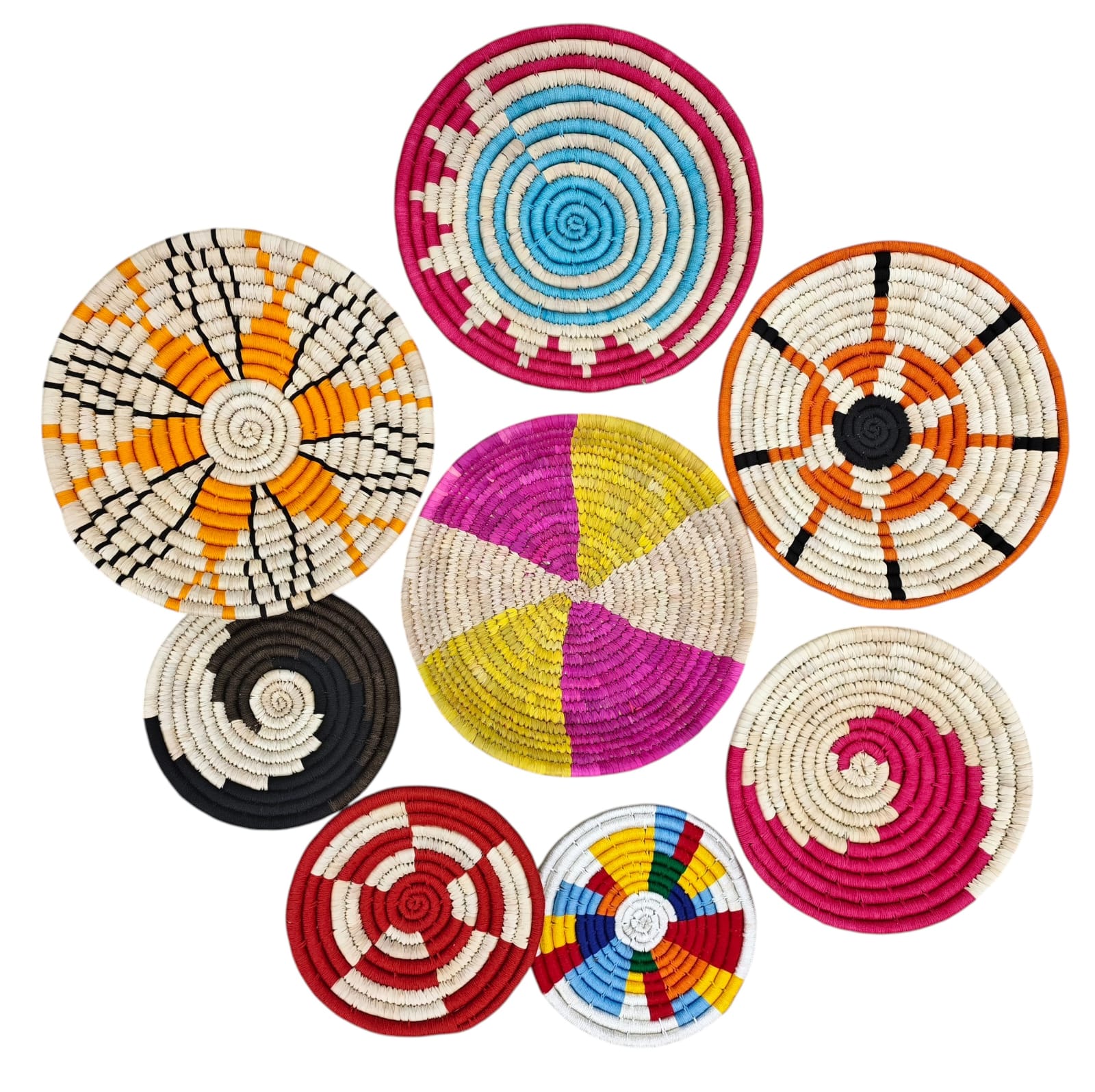 Sabai Grass Handwoven Rattan Wall Baskets Multicolor Bohemian Theme Wall Art Décor Bamboo Wall Baskets set of 8 Pieces