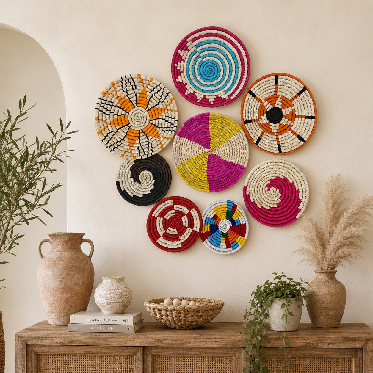 Sabai Grass Handwoven Rattan Wall Baskets Multicolor Bohemian Theme Wall Art Décor Bamboo Wall Baskets set of 20 Pieces