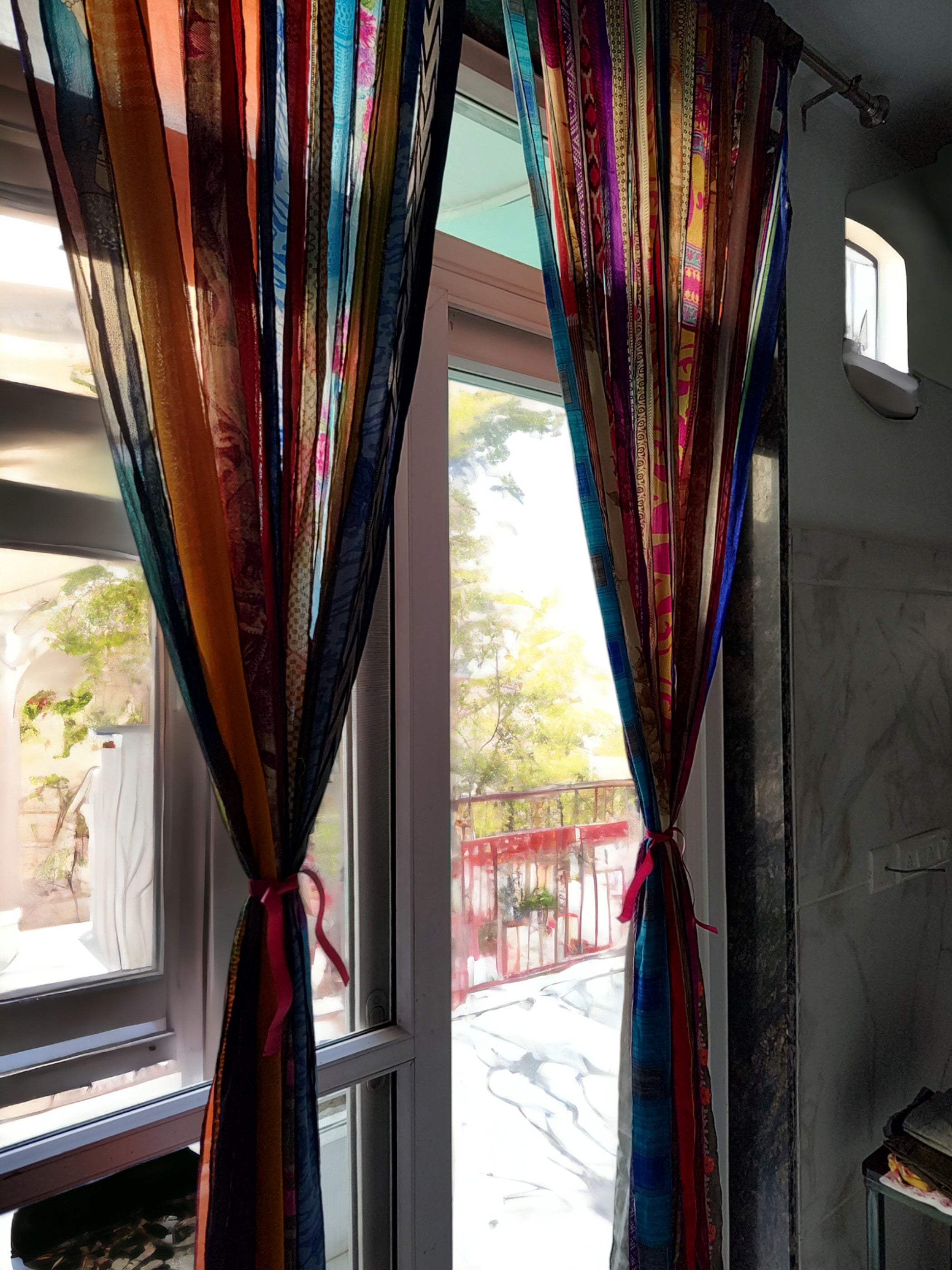 Old Silk Sari Multicolor Ribbon Doorway Curtain Hippie Bohemian Room Divider Light-Filtering Boho Curtains Rod Pocket Window Drape for Livingroom Bedroom 85 x 45 Inch