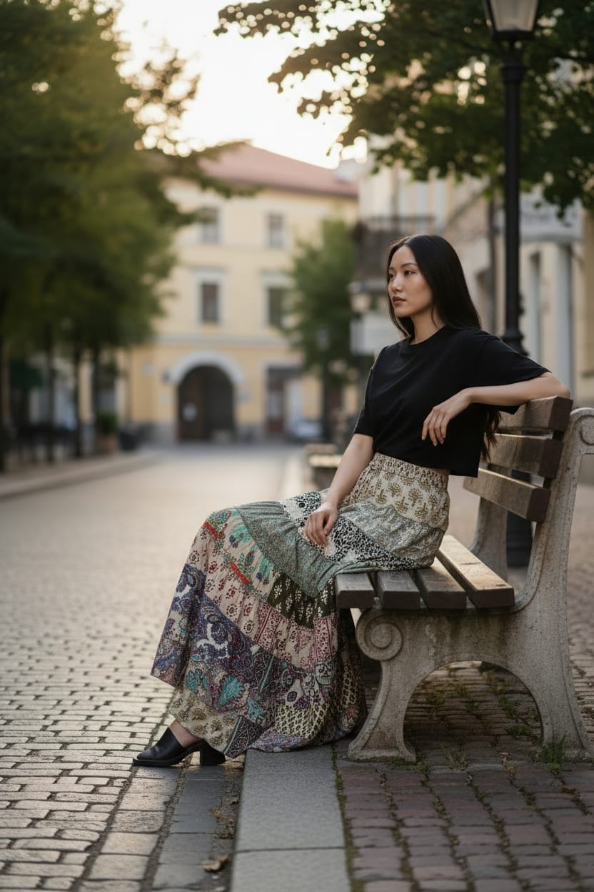 Women Hippie Indian Silk Sari Patchwork Long Gypsy Floral Print Skirt Elastic Waist A-Line