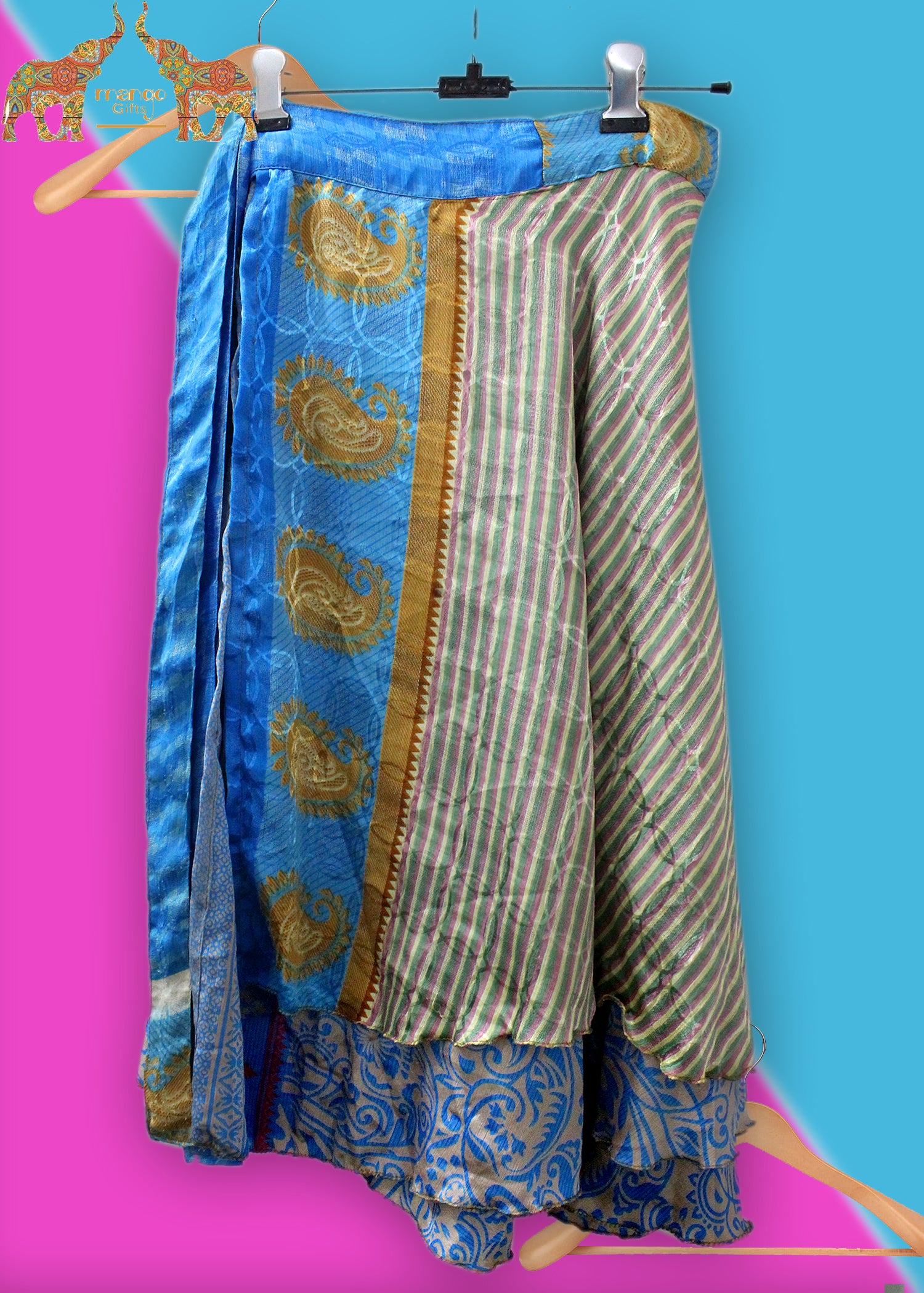 Vintage 2 Layer Silk Sari Saree Magic Wrap Around Skirt Dress Beach Wear Sarong Wholesale