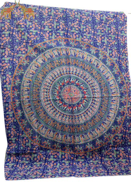 Handmade Mandala Sofa Couch Throw Multicolor Kantha work 50 x 66 Inches Lightweight Thin Tapestry