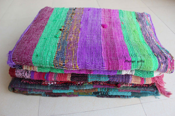 100% Recycled Fabric Rag Rug Chindi Durrie Area Rugs Hand Loomed Striped Floor Mat - Mangogiftsstore