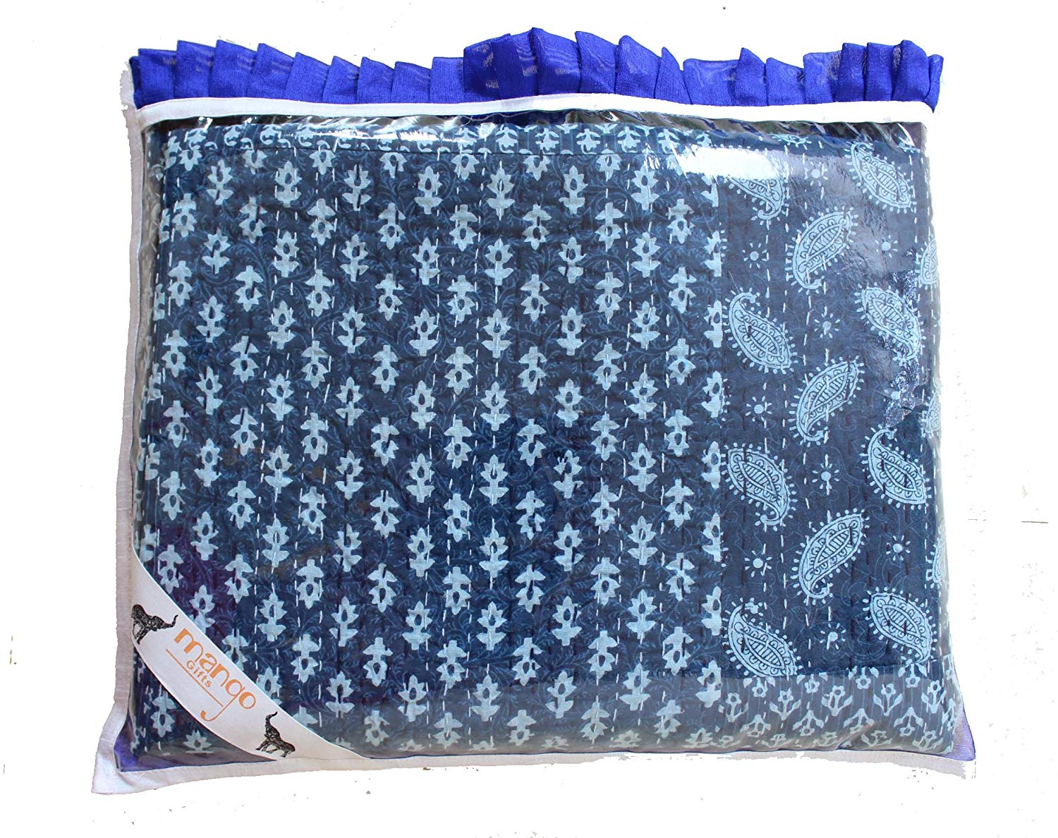 Mango Gifts Indigo Color Hand Block Printed Kantha Quilt Throw, Patchwork Cotton Bedspread Queen Size - Mangogiftsstore