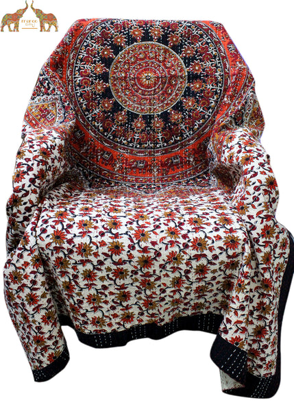 Handmade Mandala Sofa Couch Throw Multicolor Kantha work 50 x 66 Inches Lightweight Thin Tapestry