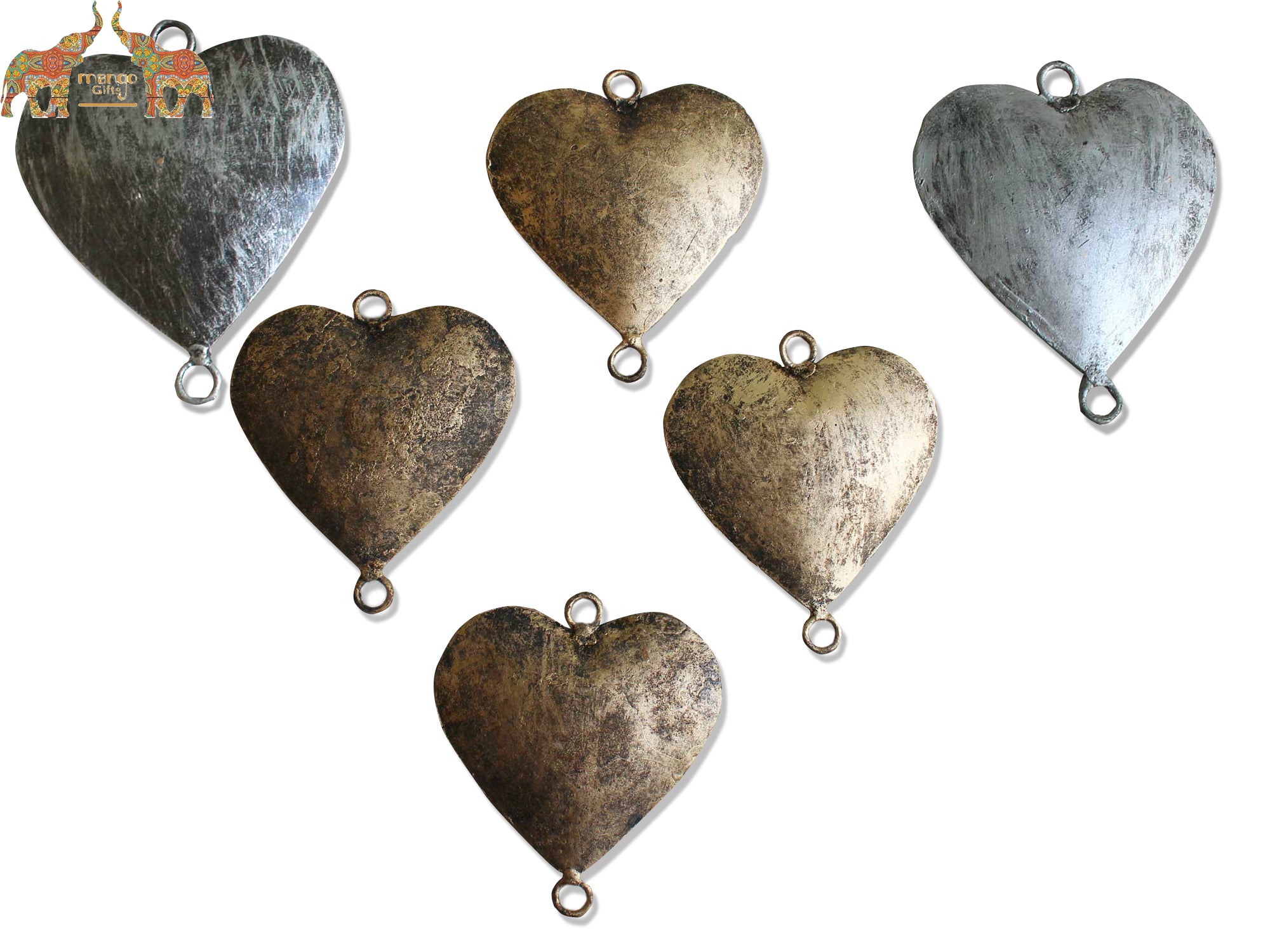 Handmade gold and silver hearts, perfect for crafts. 200 pieces wholesale with antique finish. Ideal for chimes, garlands, and decorations.