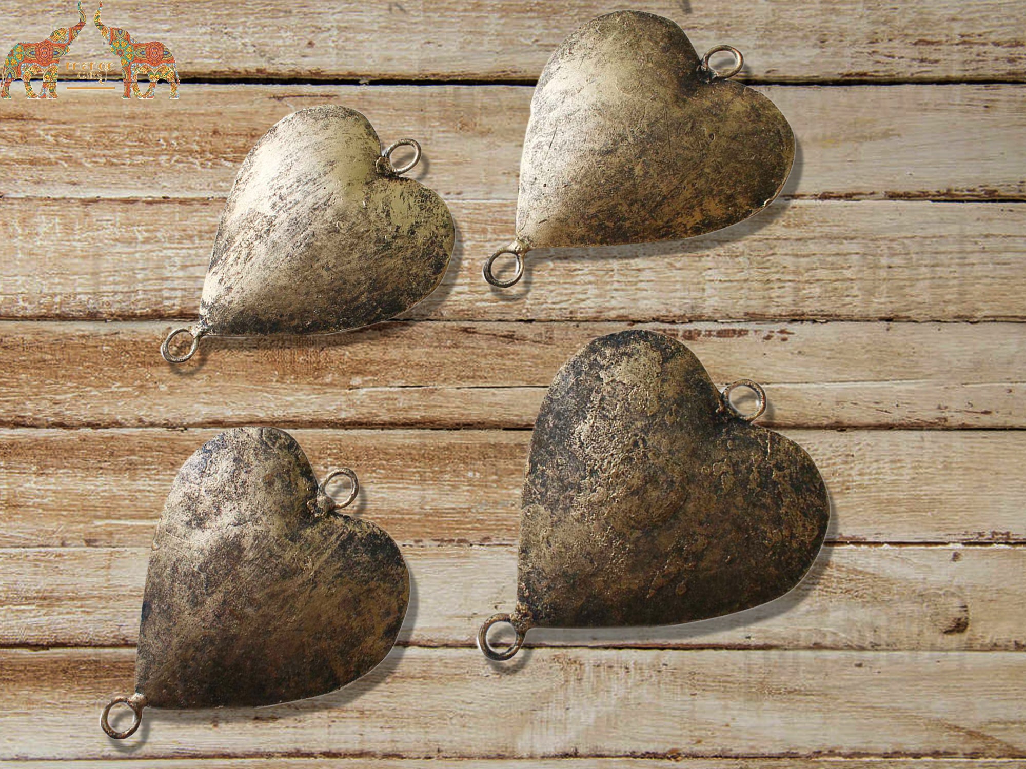 Handmade gold and silver hearts, perfect for crafts. 200 pieces wholesale with antique finish. Ideal for chimes, garlands, and decorations.