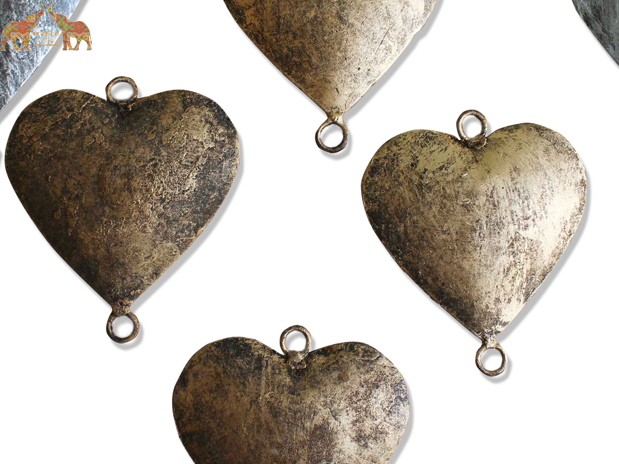 Handmade gold and silver hearts, perfect for crafts. 200 pieces wholesale with antique finish. Ideal for chimes, garlands, and decorations.