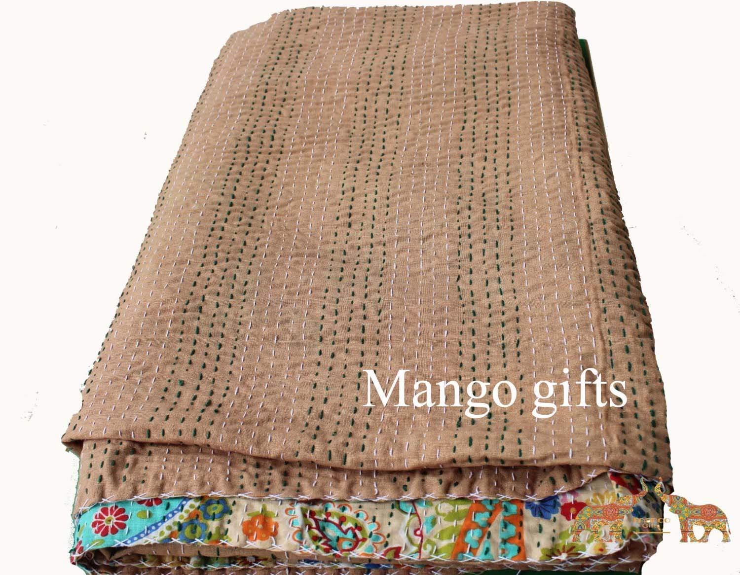Mango Gifts Paisley 100%Cotton Kantha Bedcover Indian Bedspread Queen Size - Mangogiftsstore