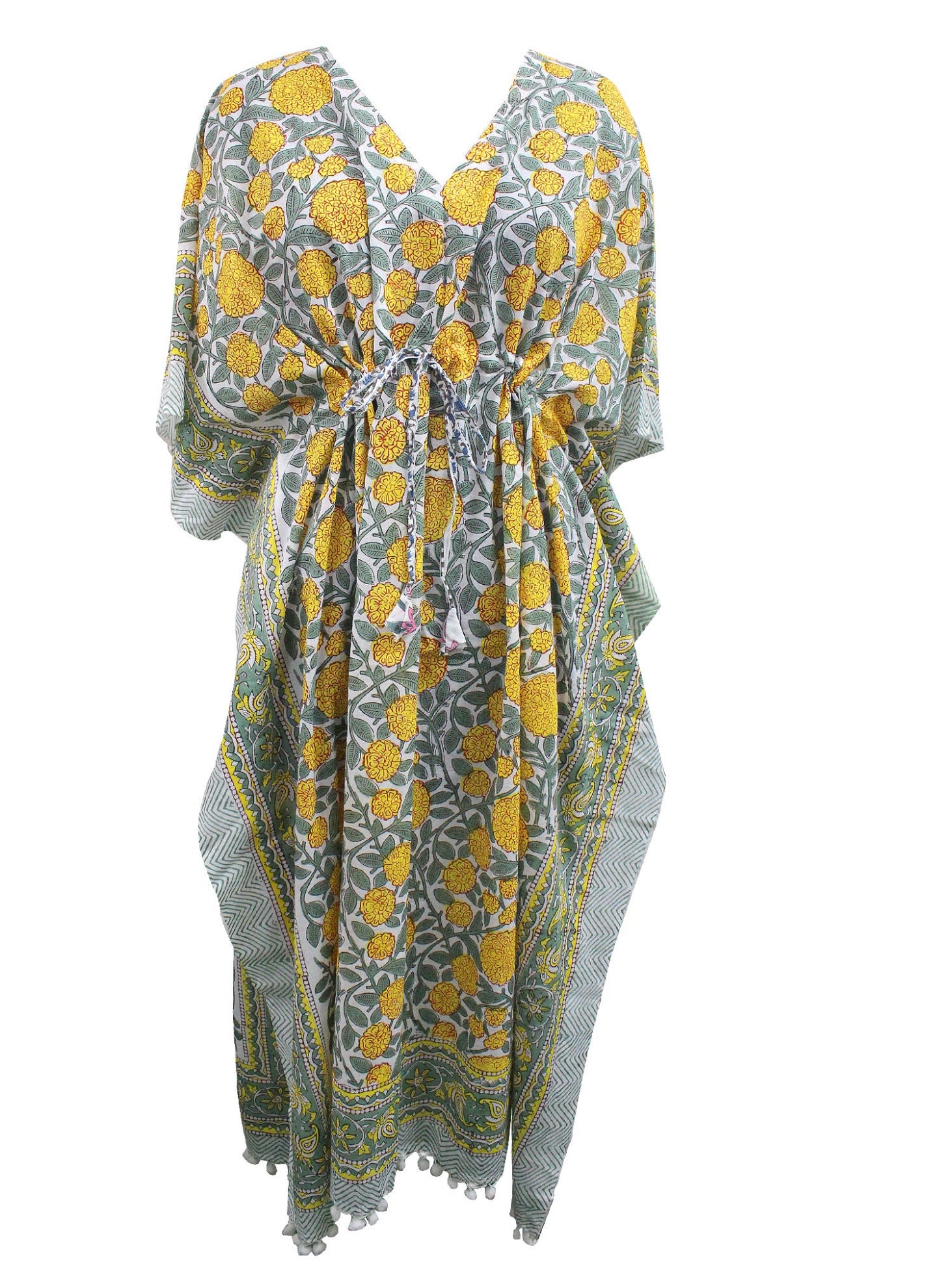 Soft 100% cotton caftan with hand block print, perfect for beach wear and casual outings. Customizable and fits up to 60" bust.