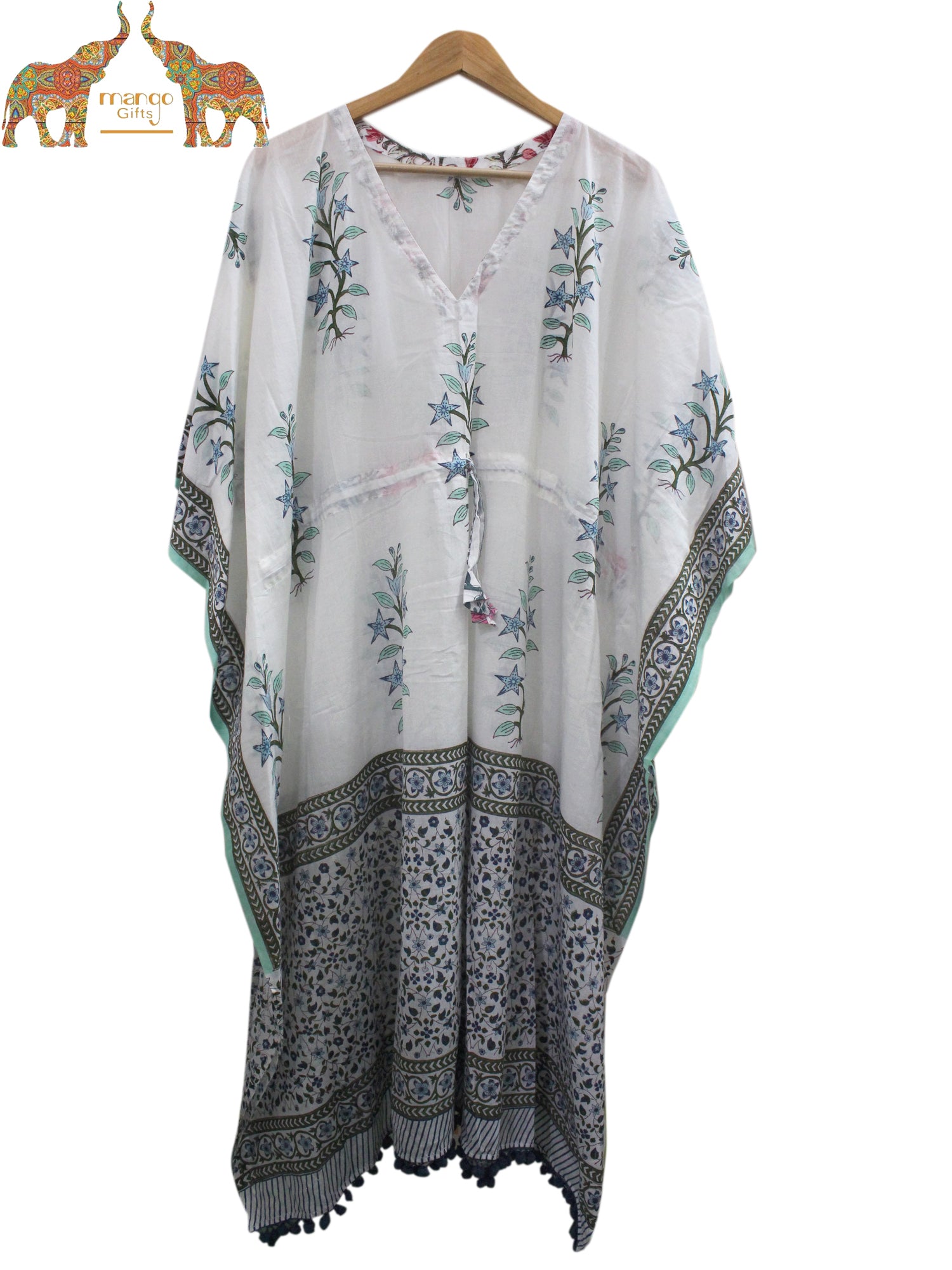 Soft 100% cotton caftan with hand block print, perfect for beach wear and casual outings. Customizable and fits up to 60" bust.