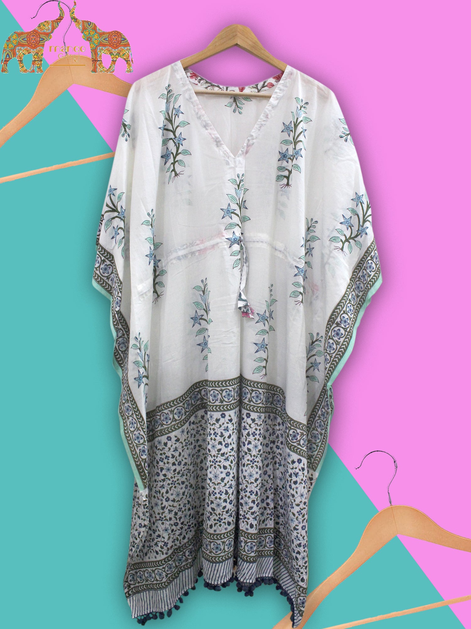 Soft 100% cotton caftan with hand block print, perfect for beach wear and casual outings. Customizable and fits up to 60" bust.