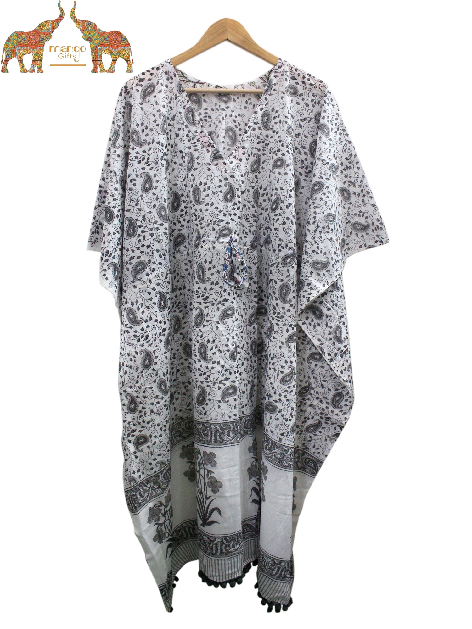 Soft 100% cotton caftan with hand block print, perfect for beach wear and casual outings. Customizable and fits up to 60" bust.