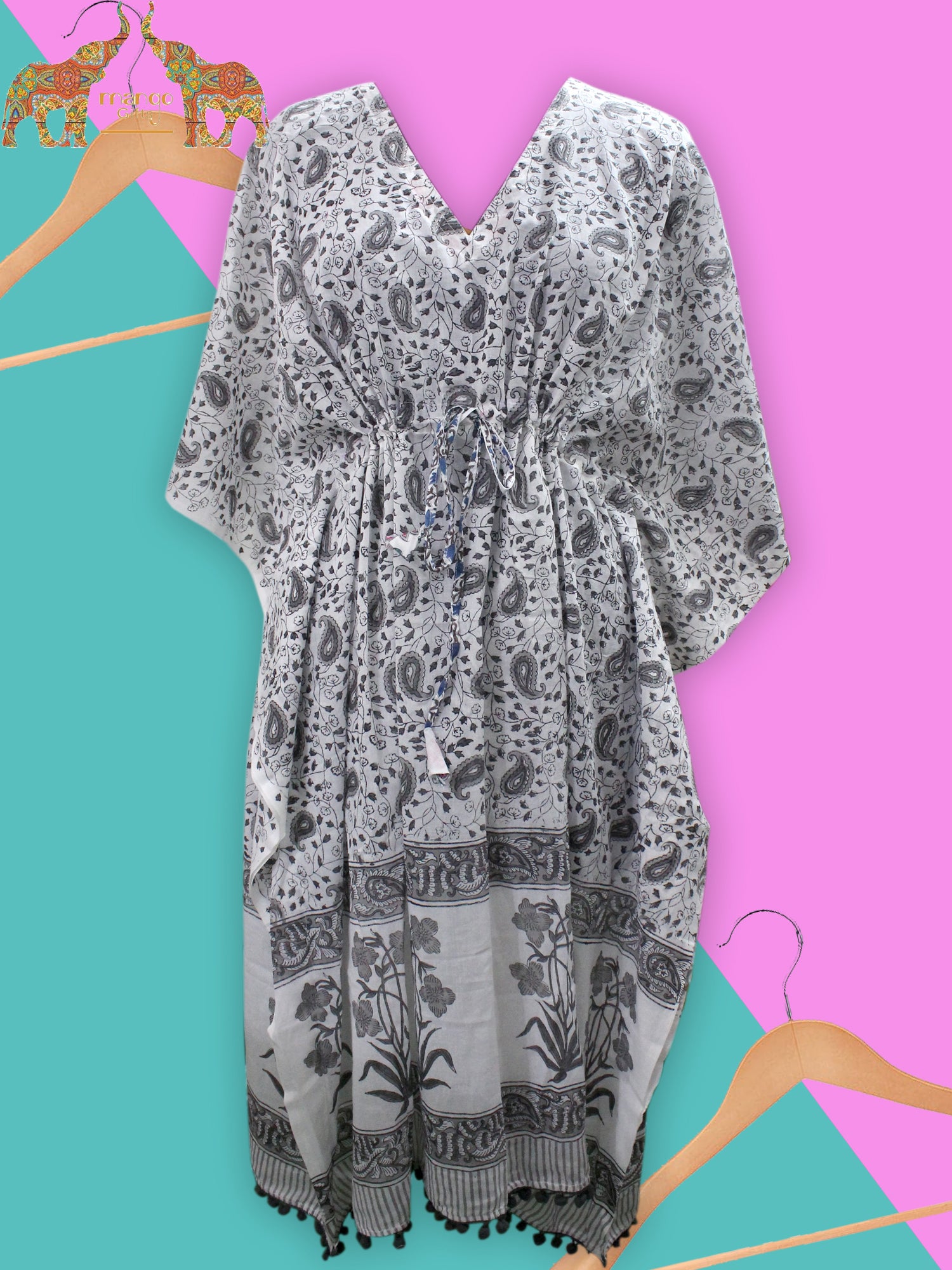 Soft 100% cotton caftan with hand block print, perfect for beach wear and casual outings. Customizable and fits up to 60" bust.
