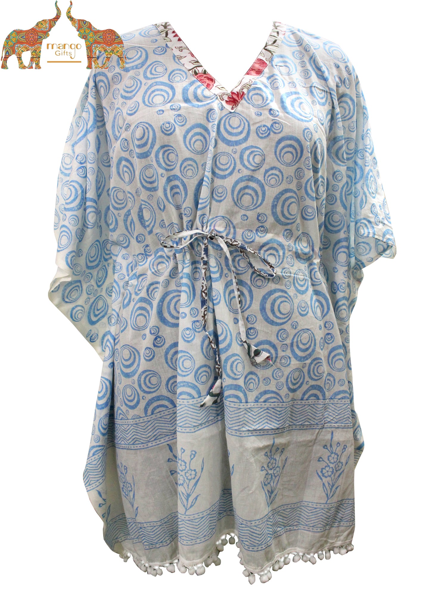 Soft 100% cotton caftan with hand block print, perfect for beach wear and casual outings. Customizable and fits up to 60" bust.