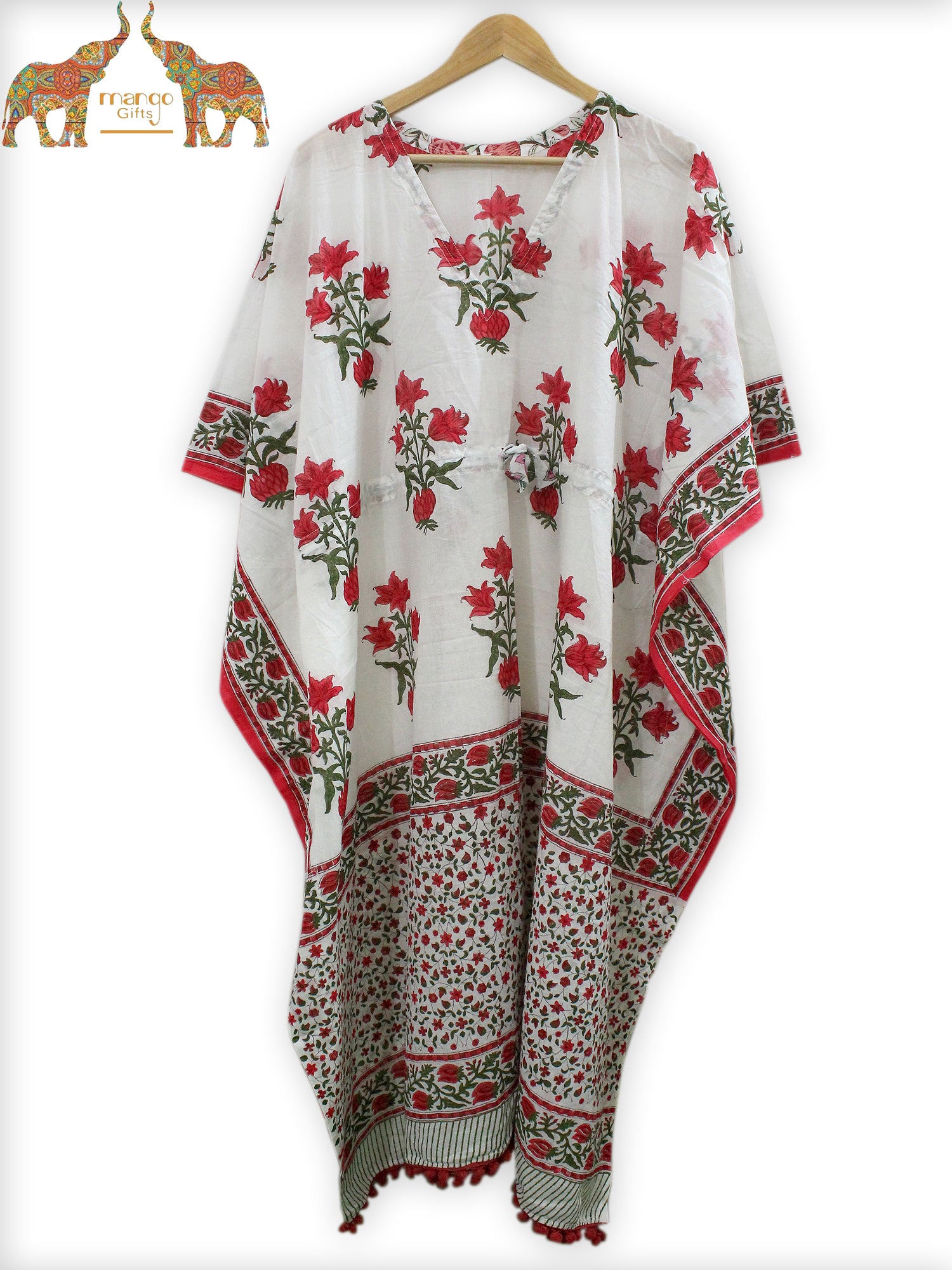 Soft 100% cotton caftan with hand block print, perfect for beach wear and casual outings. Customizable and fits up to 60" bust.
