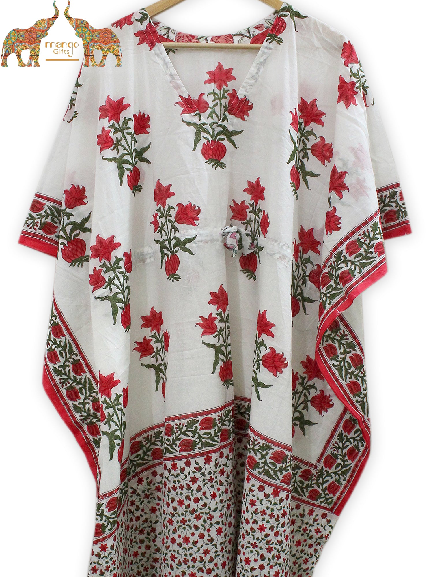 Soft 100% cotton caftan with hand block print, perfect for beach wear and casual outings. Customizable and fits up to 60" bust.