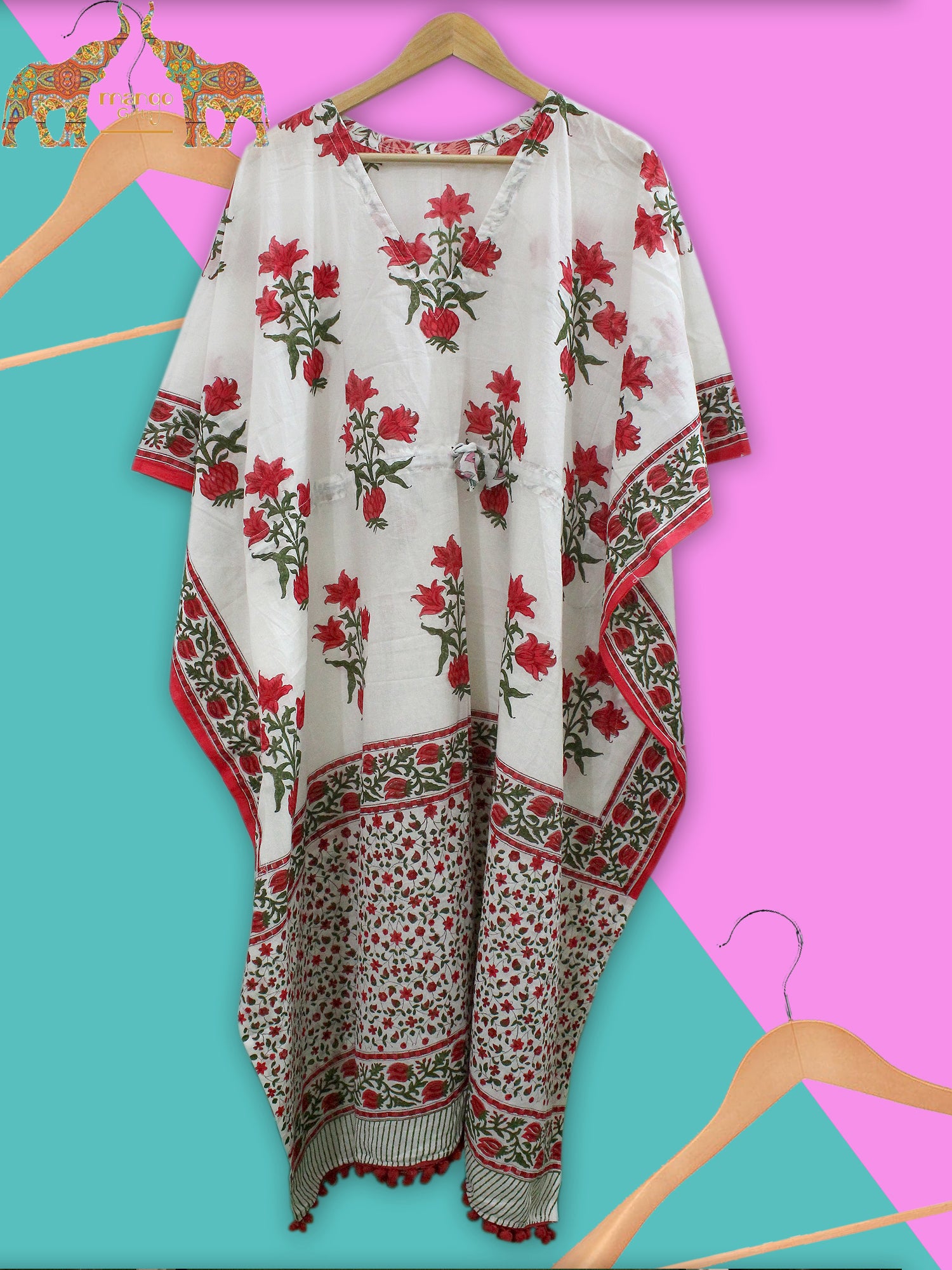 Soft 100% cotton caftan with hand block print, perfect for beach wear and casual outings. Customizable and fits up to 60" bust.