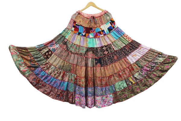 Recycled Silk sari Bohemian Skirt Women Hippy Patchwork Long Boho Skirt Floral Print , Elastic Waist A Line