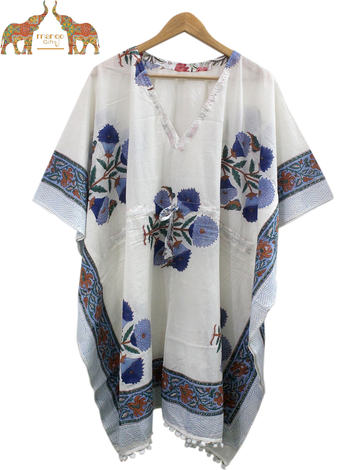 Soft 100% cotton caftan with hand block print, perfect for beach wear and casual outings. Customizable and fits up to 60" bust.