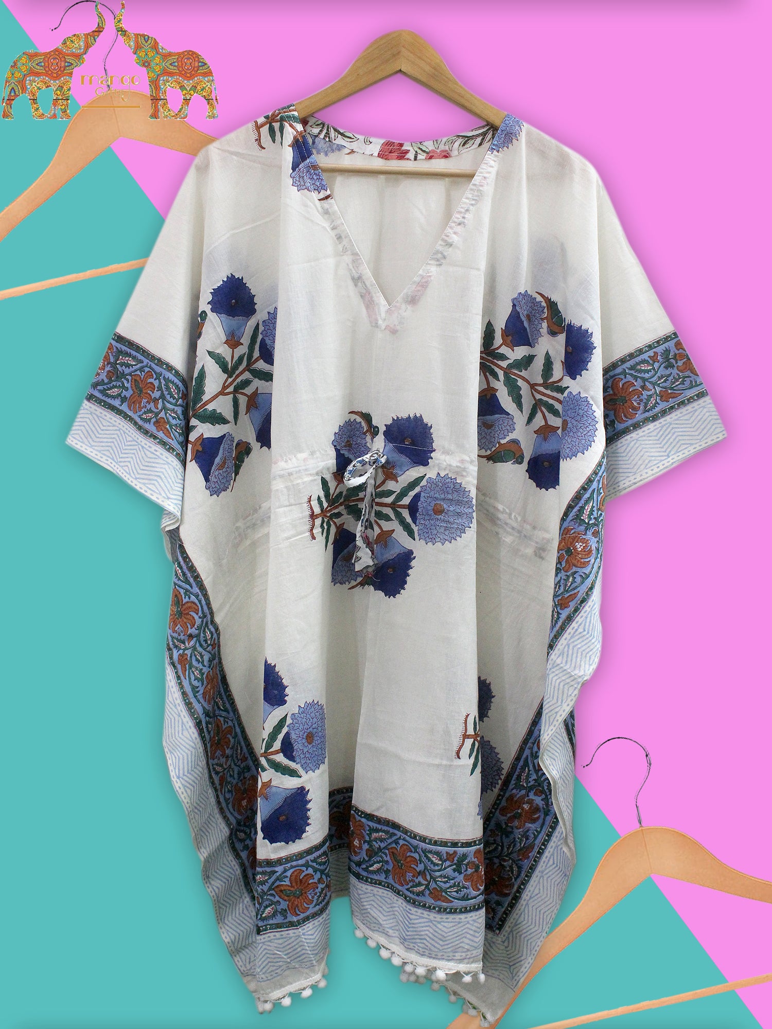 Soft 100% cotton caftan with hand block print, perfect for beach wear and casual outings. Customizable and fits up to 60" bust.