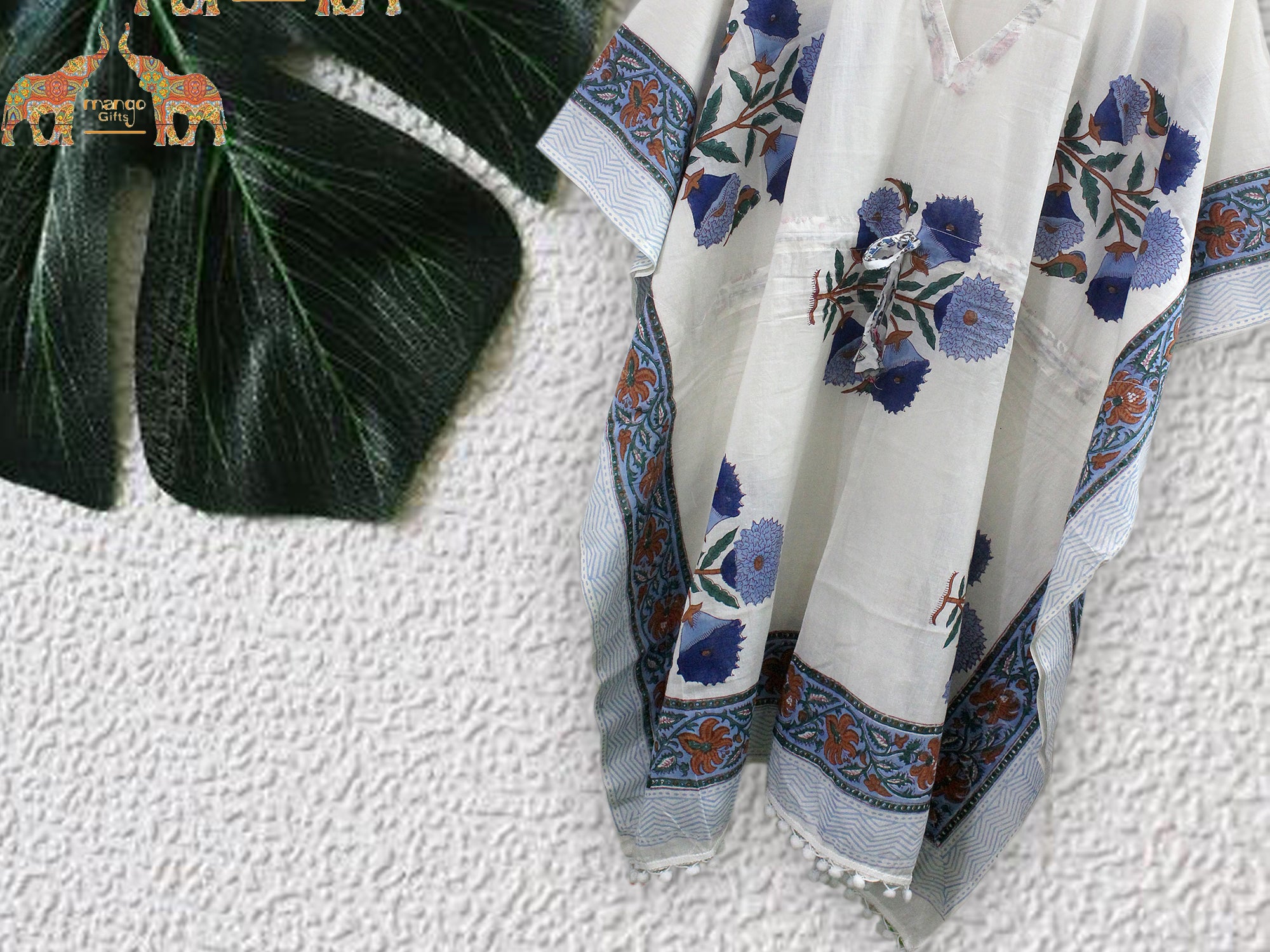 Soft 100% cotton caftan with hand block print, perfect for beach wear and casual outings. Customizable and fits up to 60" bust.