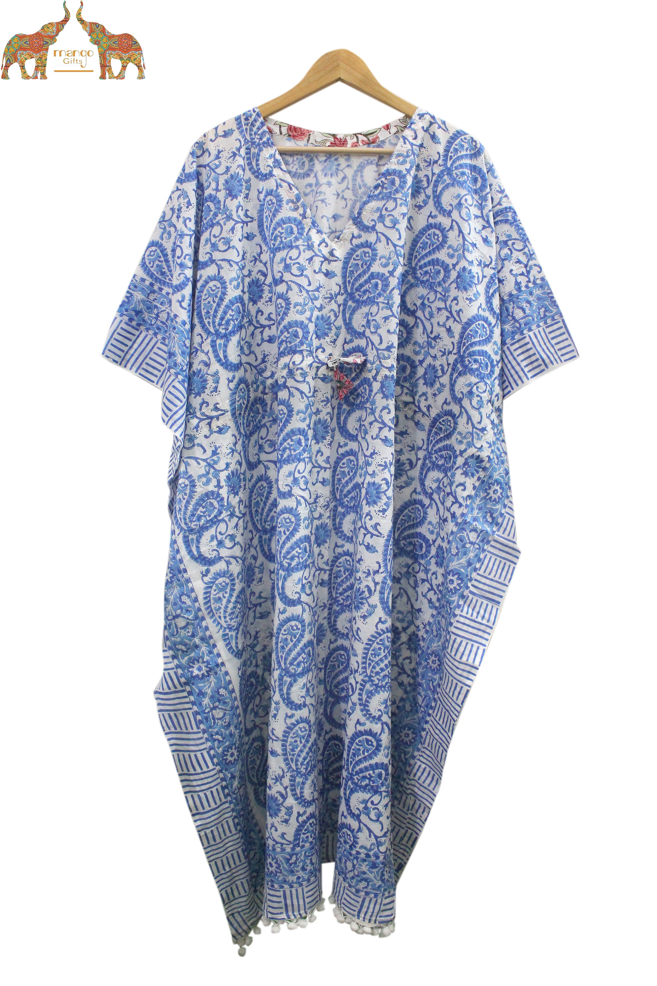 Soft 100% cotton caftan with hand block print, perfect for beach wear and casual outings. Customizable and fits up to 60" bust.