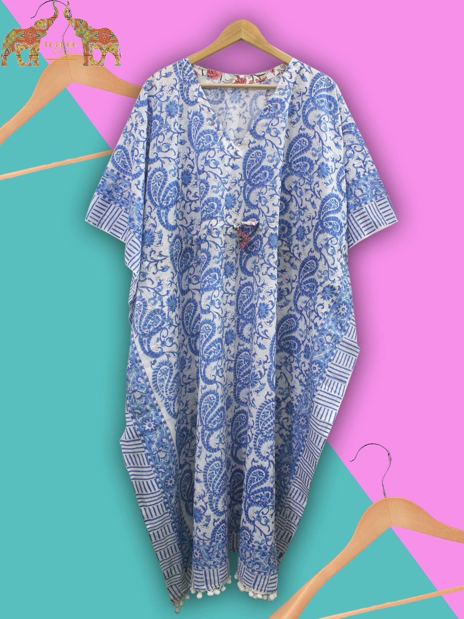 Soft 100% cotton caftan with hand block print, perfect for beach wear and casual outings. Customizable and fits up to 60" bust.