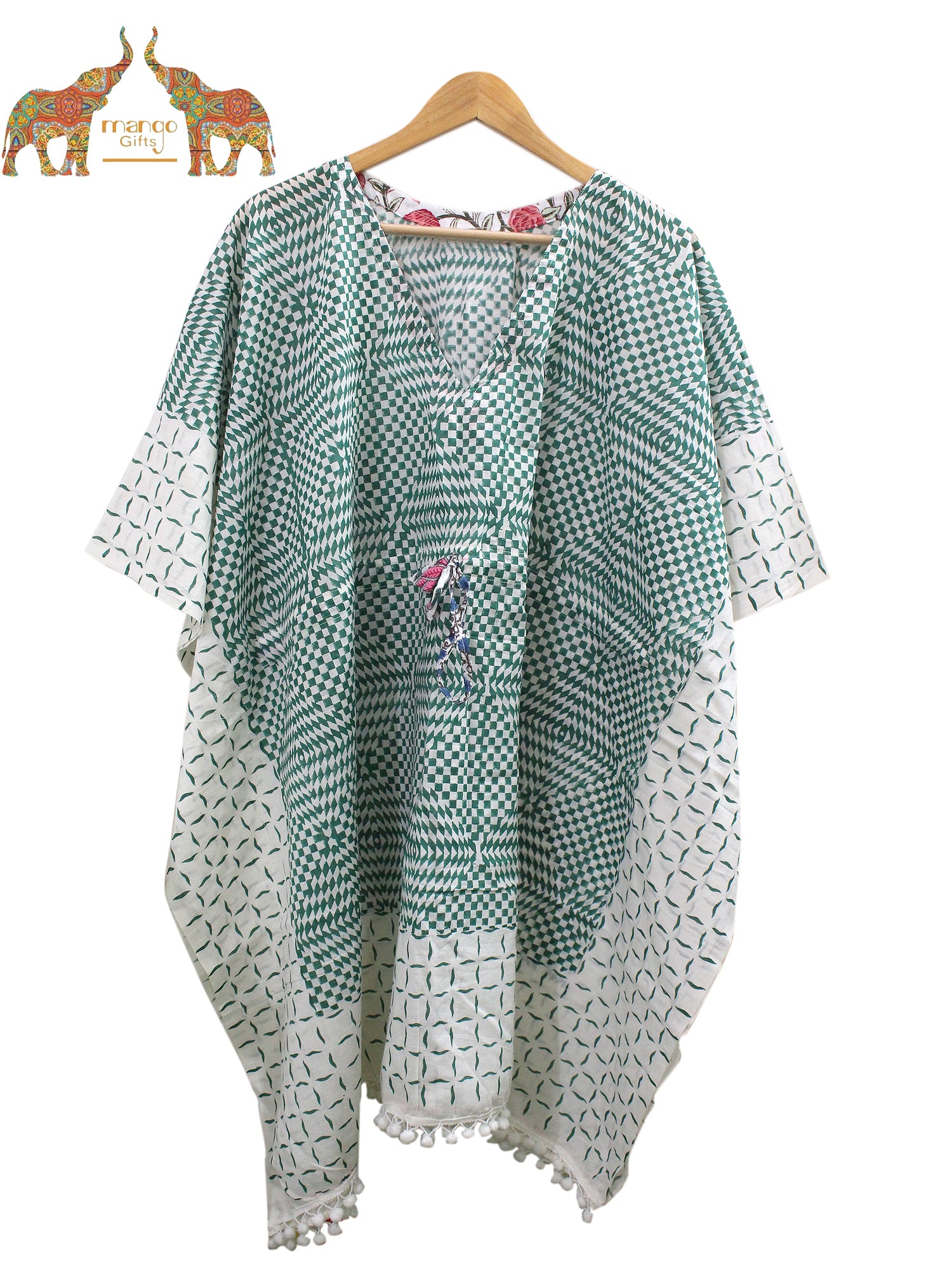 Soft 100% cotton caftan with hand block print, perfect for beach wear and casual outings. Customizable and fits up to 60" bust.