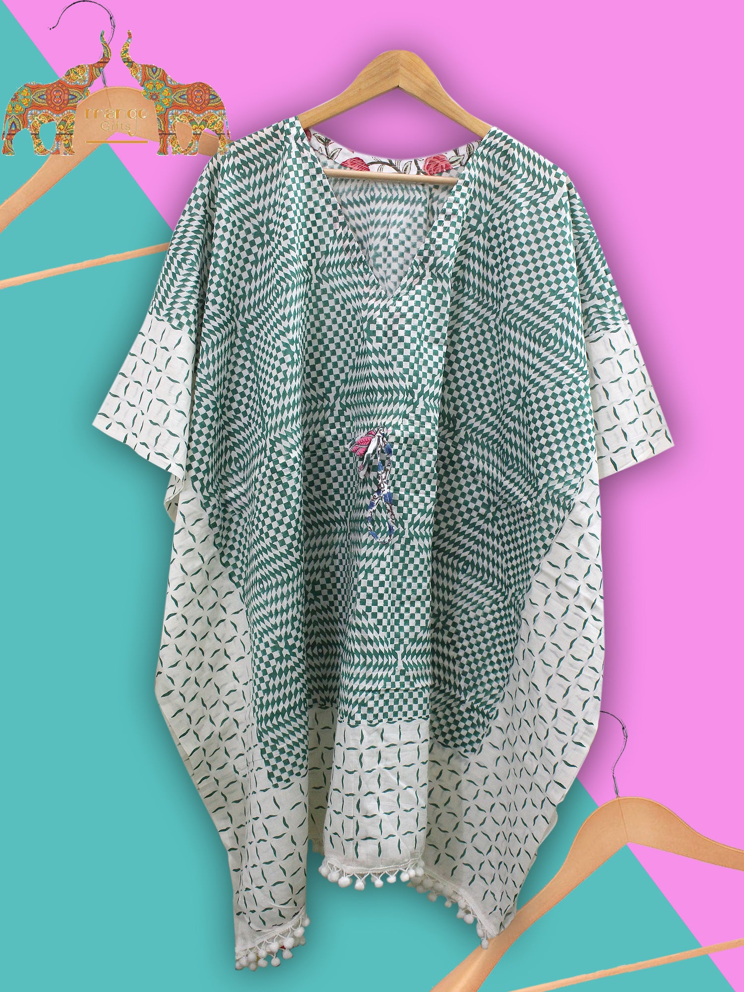 Soft 100% cotton caftan with hand block print, perfect for beach wear and casual outings. Customizable and fits up to 60" bust.